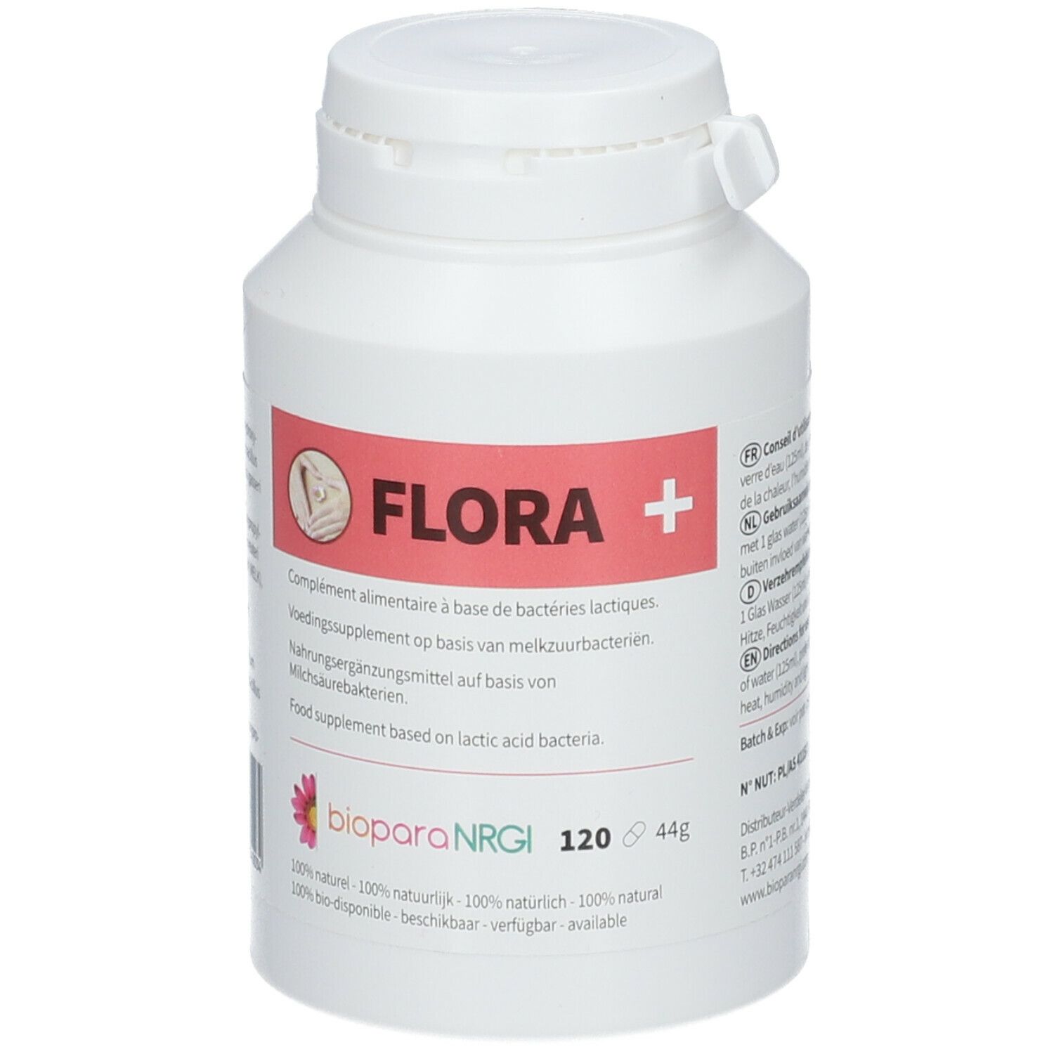 Weiße Flasche mit FLORA+ Aufschrift. Enthält 120 Kapseln. Rosa Etikett mit Produktinformationen und Logo.