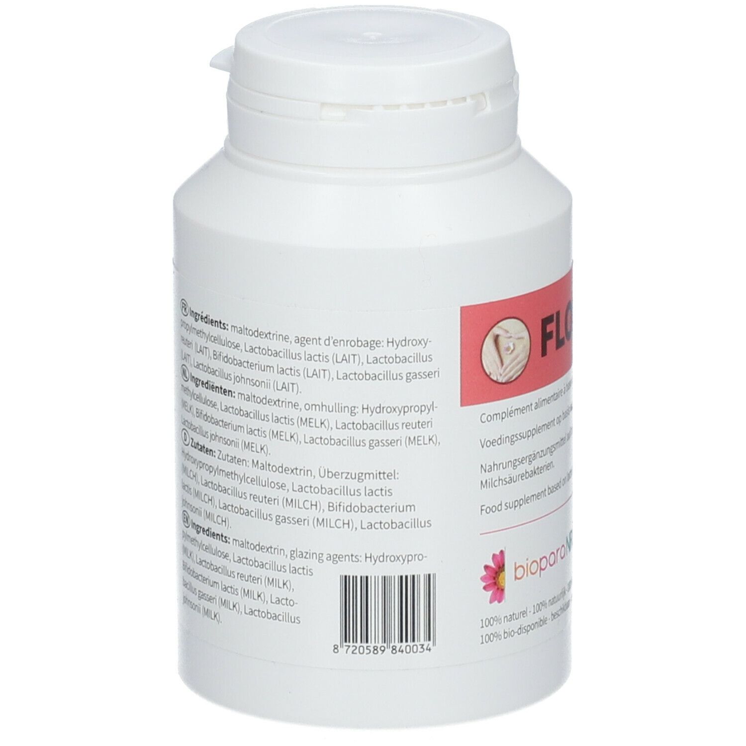 Rückseite einer weißen Flasche mit FLORA+. Auflistung der Inhaltsstoffe in verschiedenen Sprachen. Barcode unten.