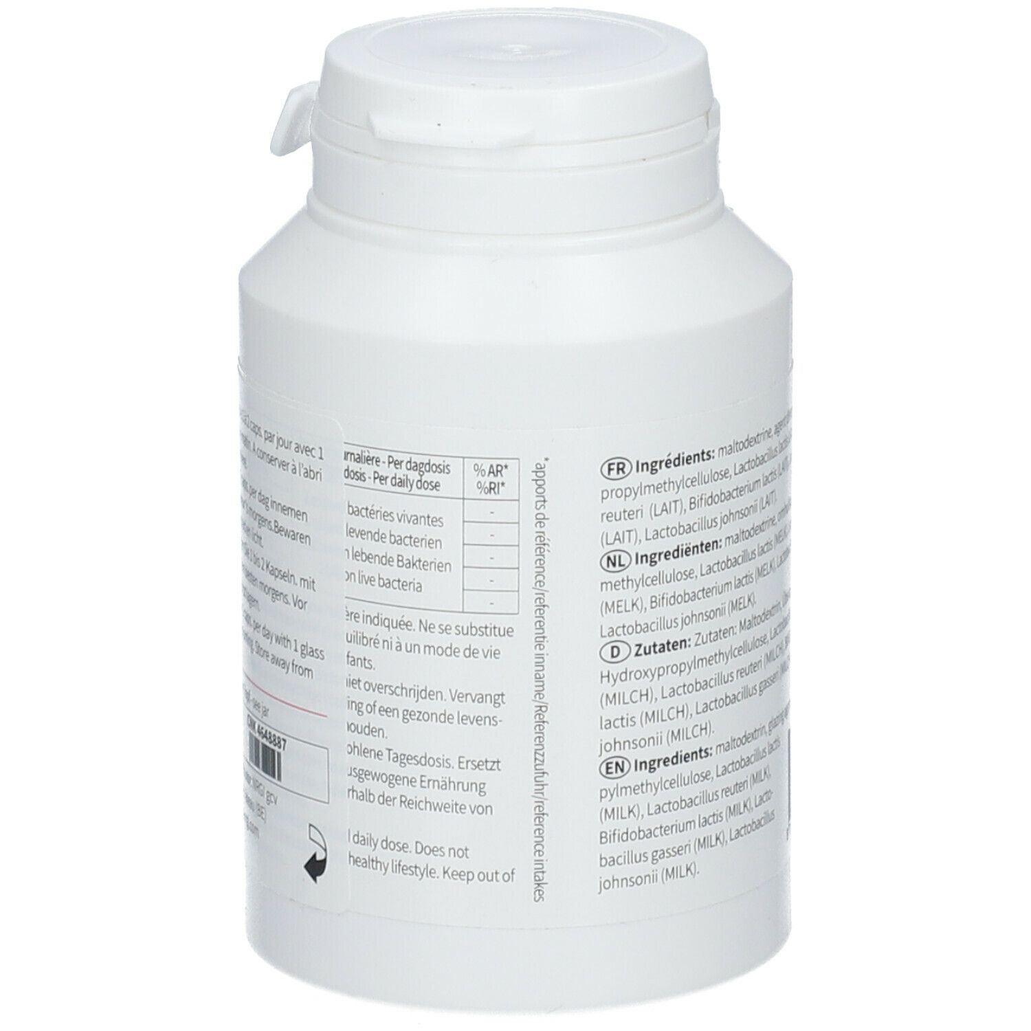 Rückseite einer weißen Flasche mit FLORA+. Text über Dosierung und Inhaltsstoffe. Mehrsprachig.