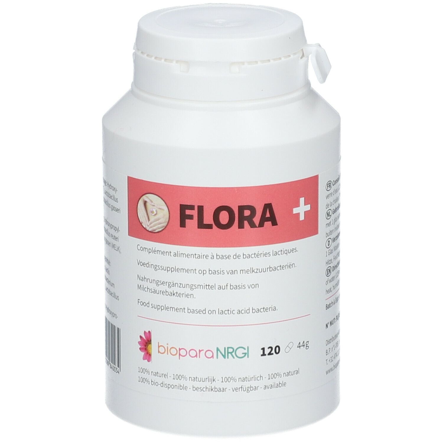 Weiße Flasche mit FLORA+ Aufschrift. Rosa Etikett mit Produktinformationen und Logo. 120 Kapseln.