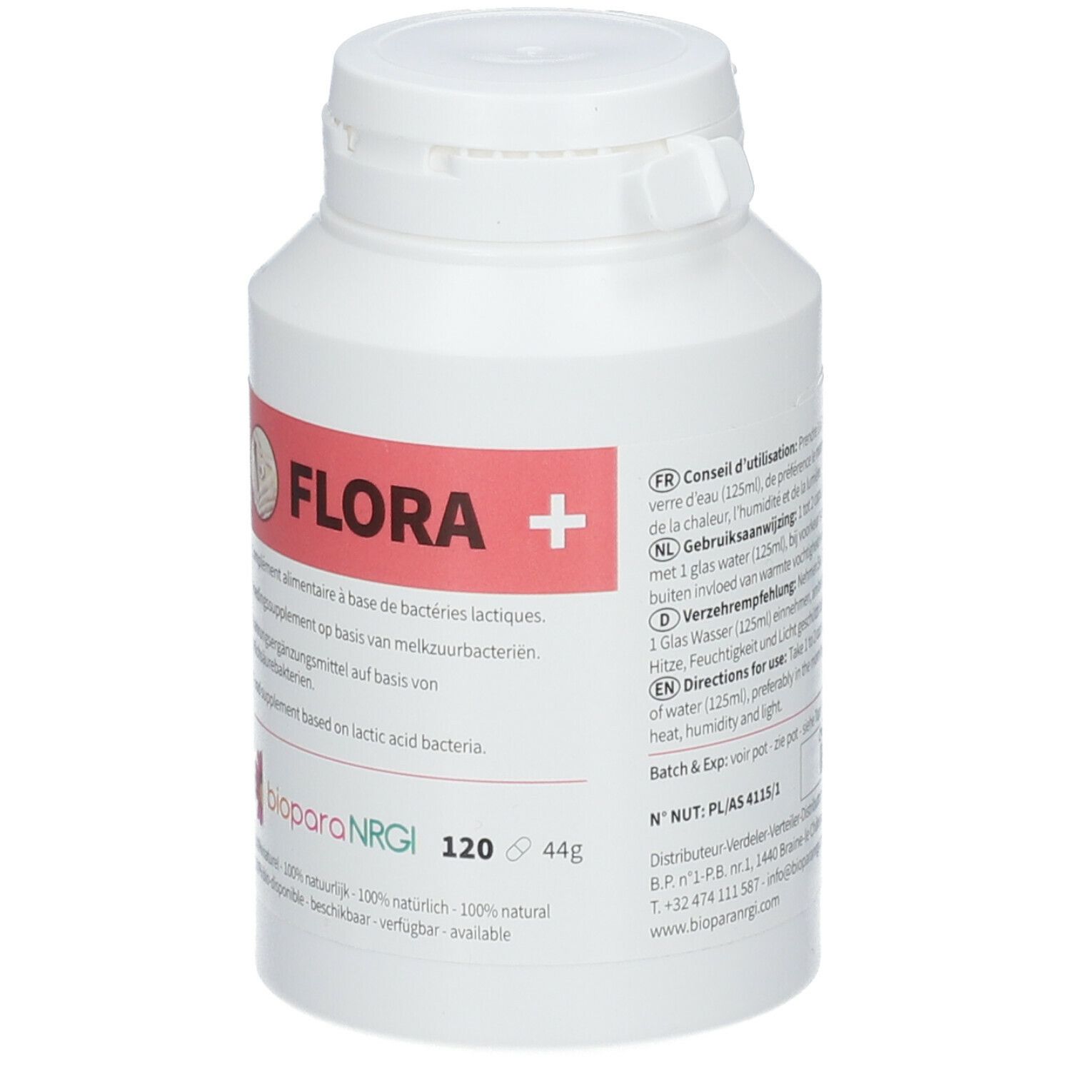 Weiße Flasche FLORA+ mit rosa Etikett. Enthält 120 Kapseln. Gebrauchsanweisung in mehreren Sprachen.