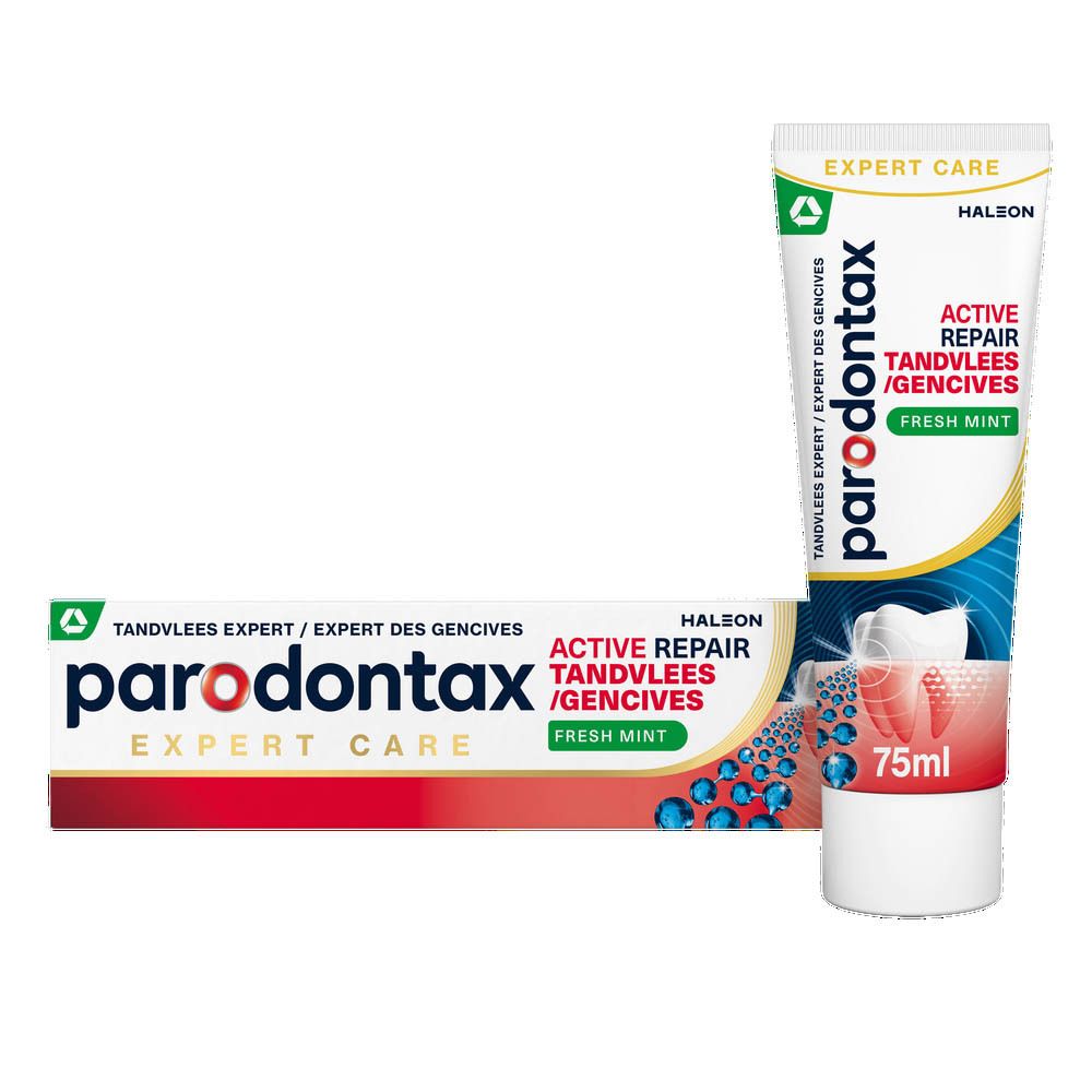 Tandpastatube "parodontax Active Repair Fresh Mint" en doos. Tube en doos met afbeeldingen.