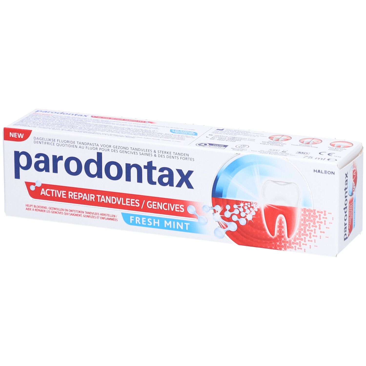 Tandpastadoos "parodontax Active Repair Fresh Mint". Witte doos met blauwe en rode tekst en afbeeldingen.