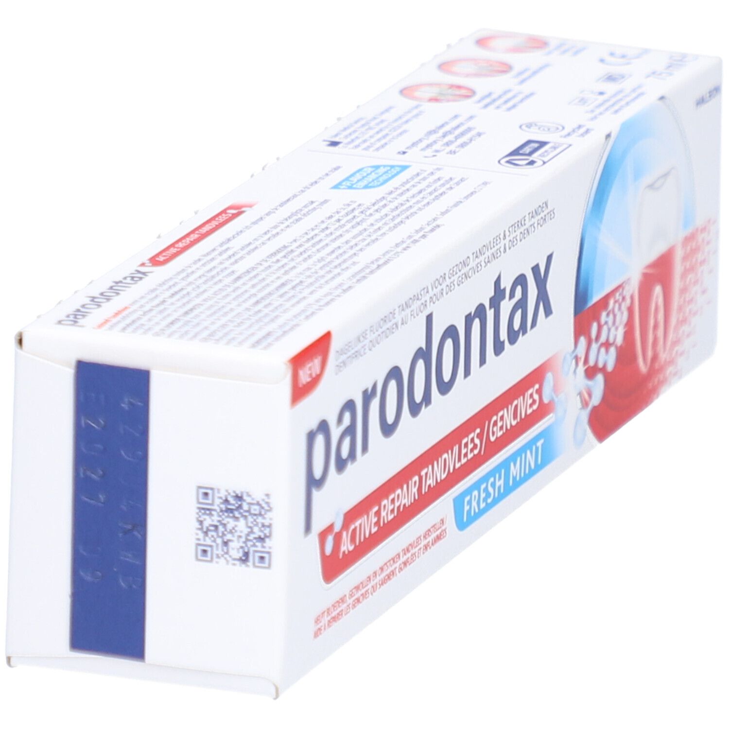 Tandpastadoos "parodontax Active Repair Fresh Mint". Witte doos met blauwe streep en QR-code.