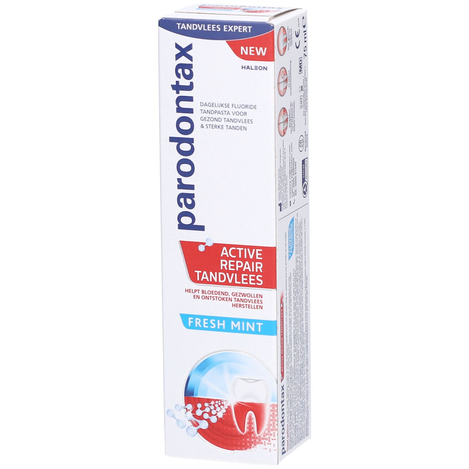 Tandpastadoos "parodontax Active Repair Fresh Mint". Witte doos met blauwe en rode tekst en afbeeldingen.
