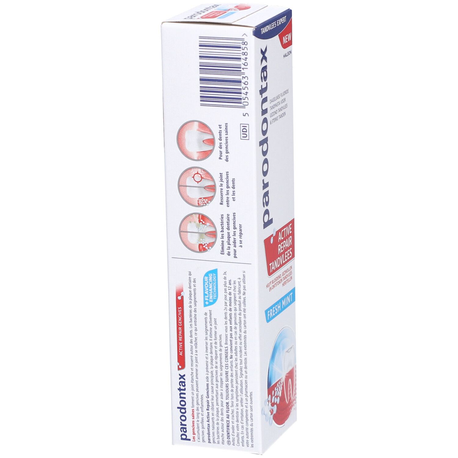 Tandpastadoos "parodontax Active Repair Fresh Mint". Witte doos met productinformatie en barcode.