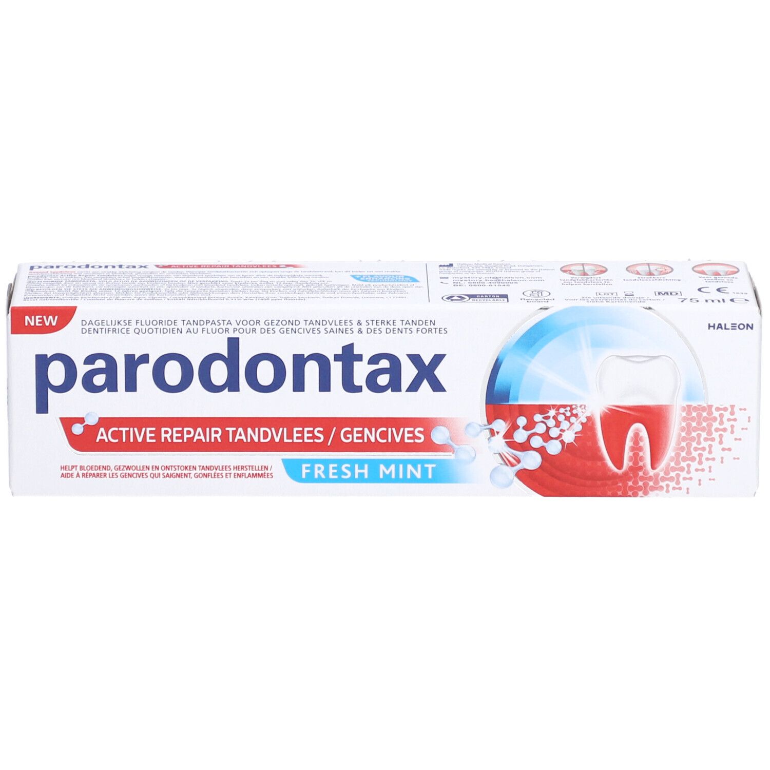 Tandpastadoos "parodontax Active Repair Fresh Mint". Witte doos met blauwe en rode tekst en afbeeldingen.