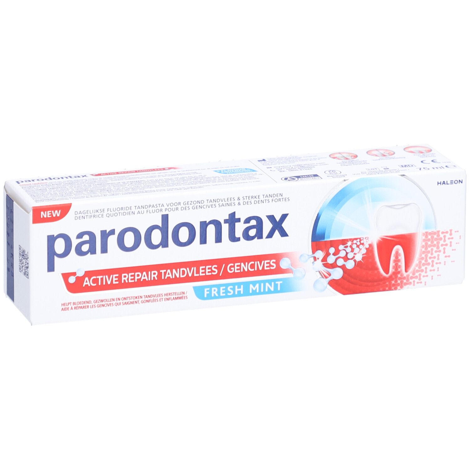 Tandpastadoos "parodontax Active Repair Fresh Mint". Witte doos met blauwe en rode tekst en afbeeldingen.