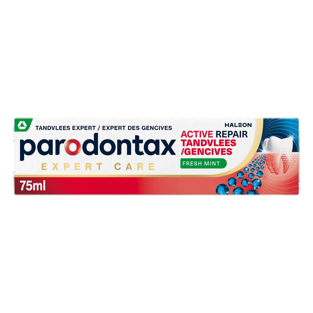Tandpastadoos "parodontax Active Repair Fresh Mint" en tube. Tube en doos met afbeeldingen.