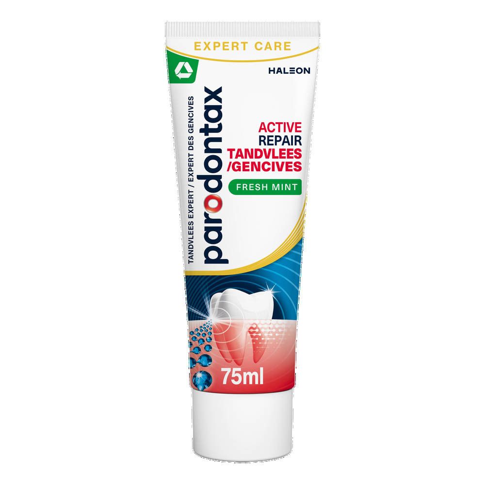 Tandpastatube "parodontax Active Repair Fresh Mint". Witte tube met blauwe en rode afbeeldingen.