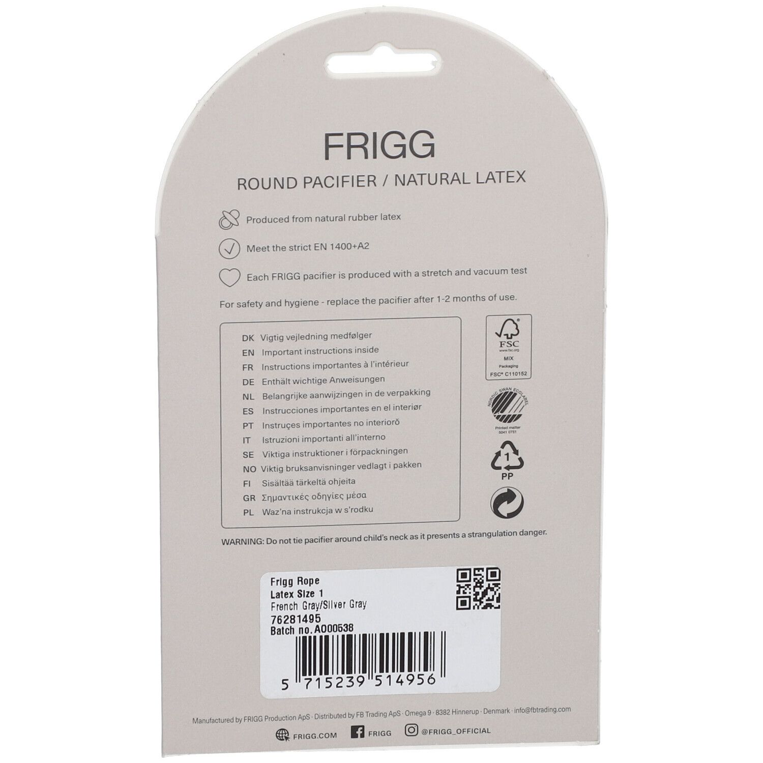 Dos de l'emballage. Texte: FRIGG Rope, taille 1. Label FSC. Informations d'utilisation et de sécurité.