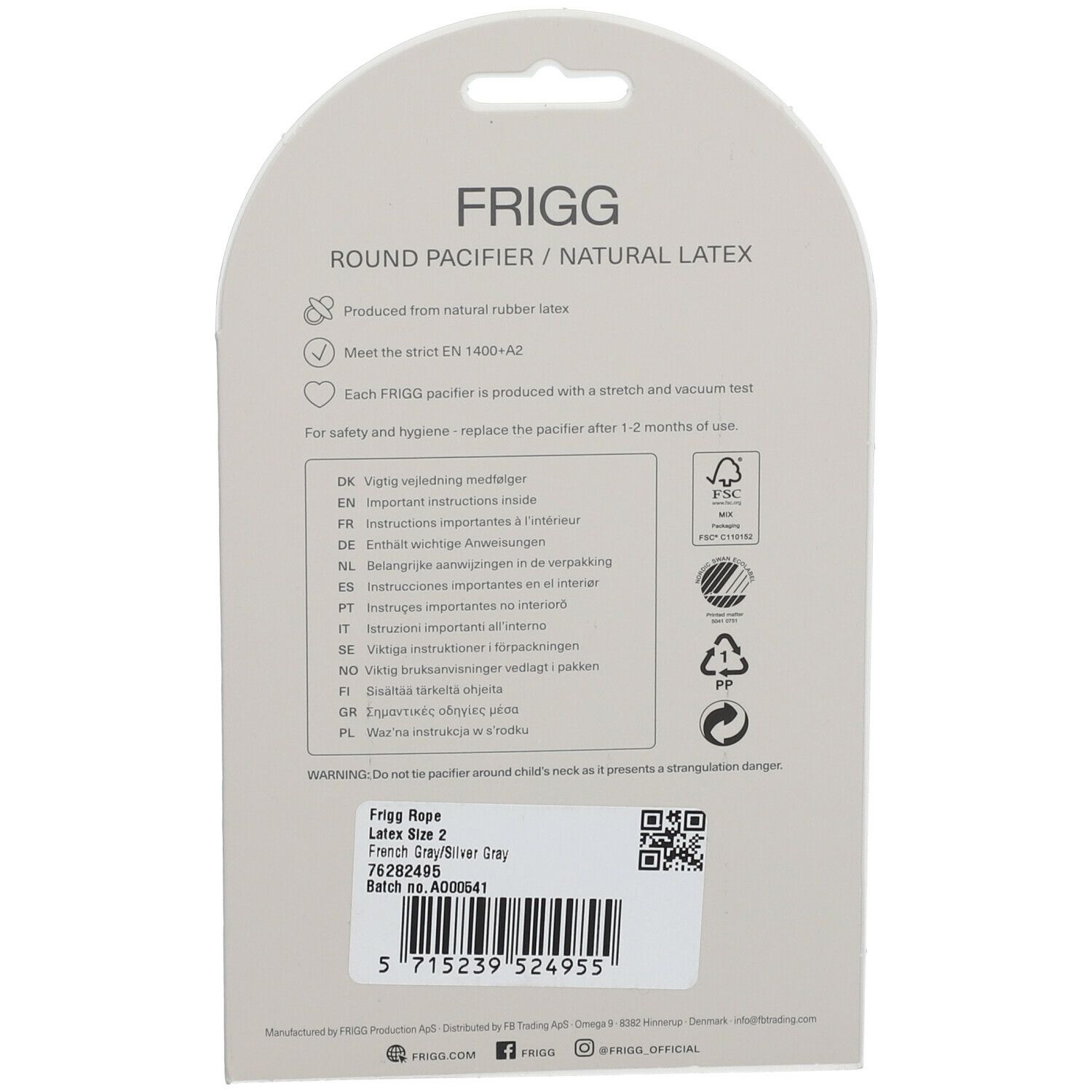 Rückseite der FRIGG Latex-Sauger Verpackung. Text: Round Pacifier/Natural Latex. Informationen zu Sicherheit und Hygiene. QR-Code und Chargennummer.