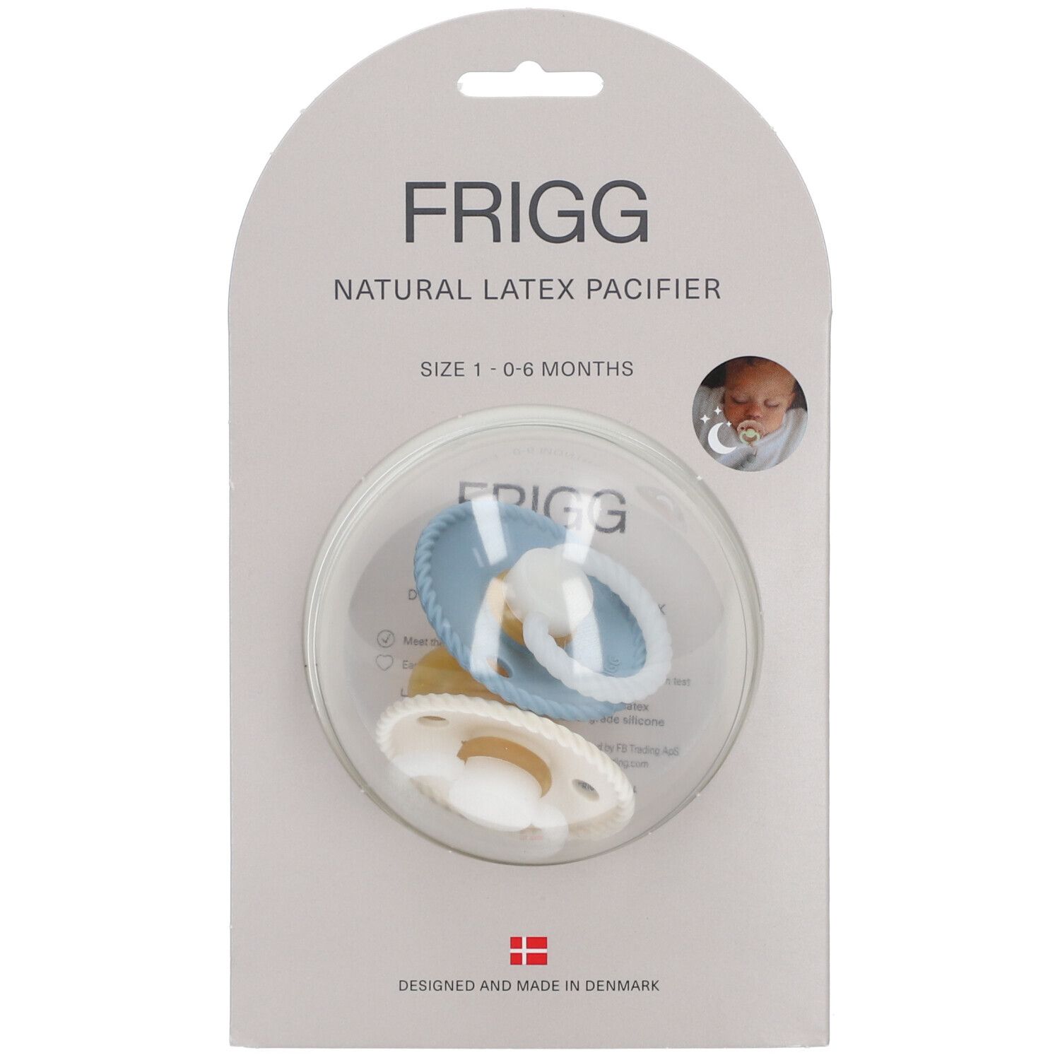 FRIGG Latex-Sauger, Größe 1, 0-6 Monate, in Verpackung. Zwei Sauger in Blisterverpackung, hellblau und creme.