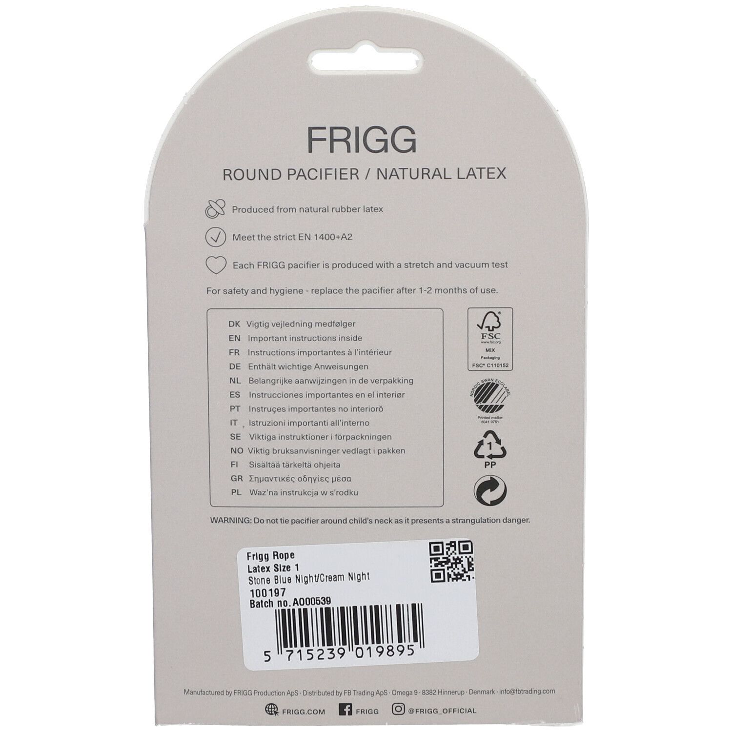 Rückseite der FRIGG Latex-Sauger Verpackung. Informationen zu Material, Sicherheit und Gebrauch. Größe 1, Charge.