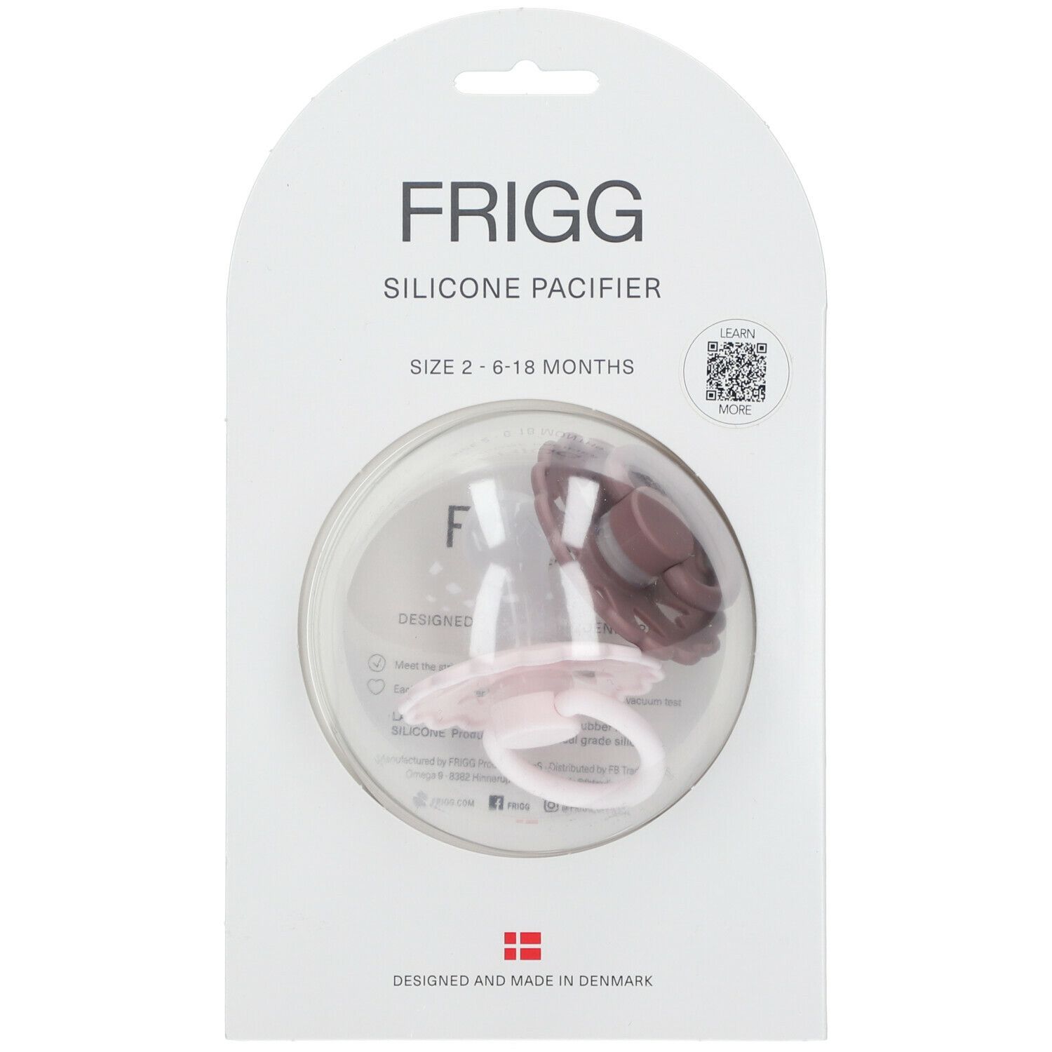 FRIGG sucette en silicone, taille 2, 6-18 mois, emballage. Rose et marron. Informations produit visibles.