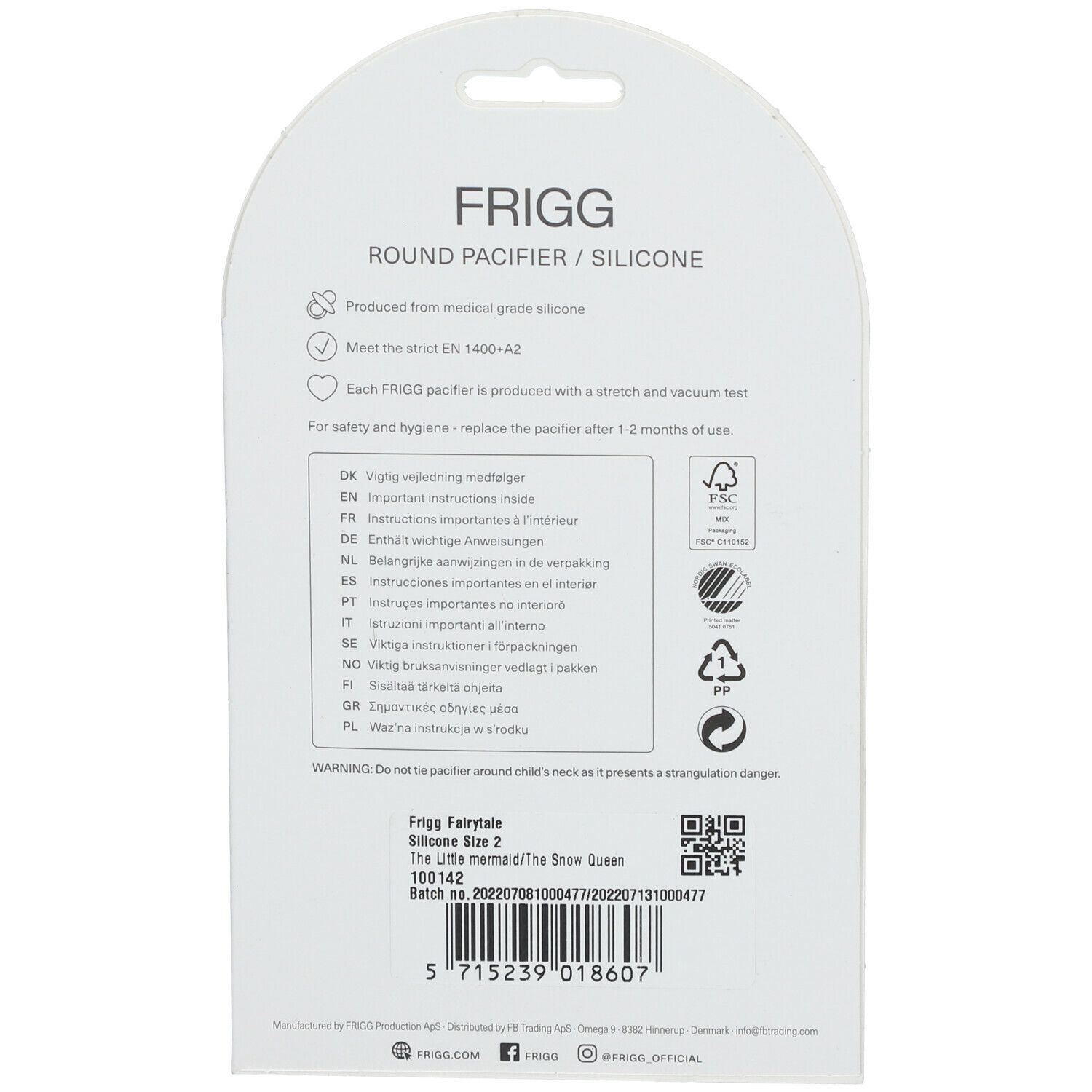 Dos de l'emballage FRIGG. Sucettes rondes en silicone. Informations sur les matériaux et la sécurité. Certification FSC.