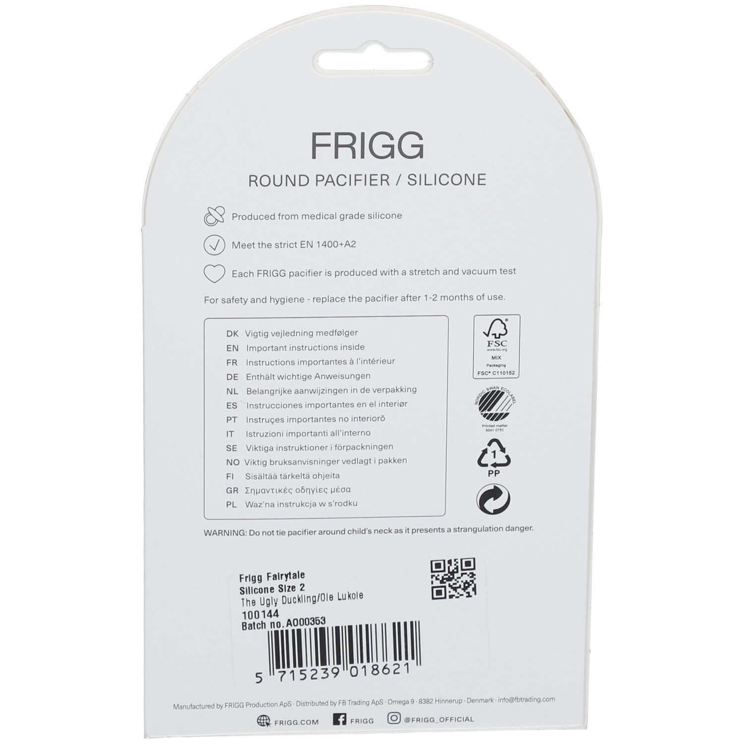 Rückseite der Verpackung mit Text: FRIGG, runder Schnuller/Silikon. Enthält Informationen zu Materialien und Sicherheitshinweisen.