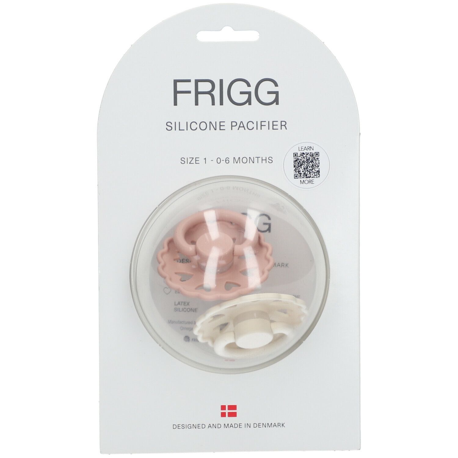 Zwei Schnuller in Verpackung. Rosa und cremefarben. Größe 1, 0-6 Monate. Marke FRIGG.