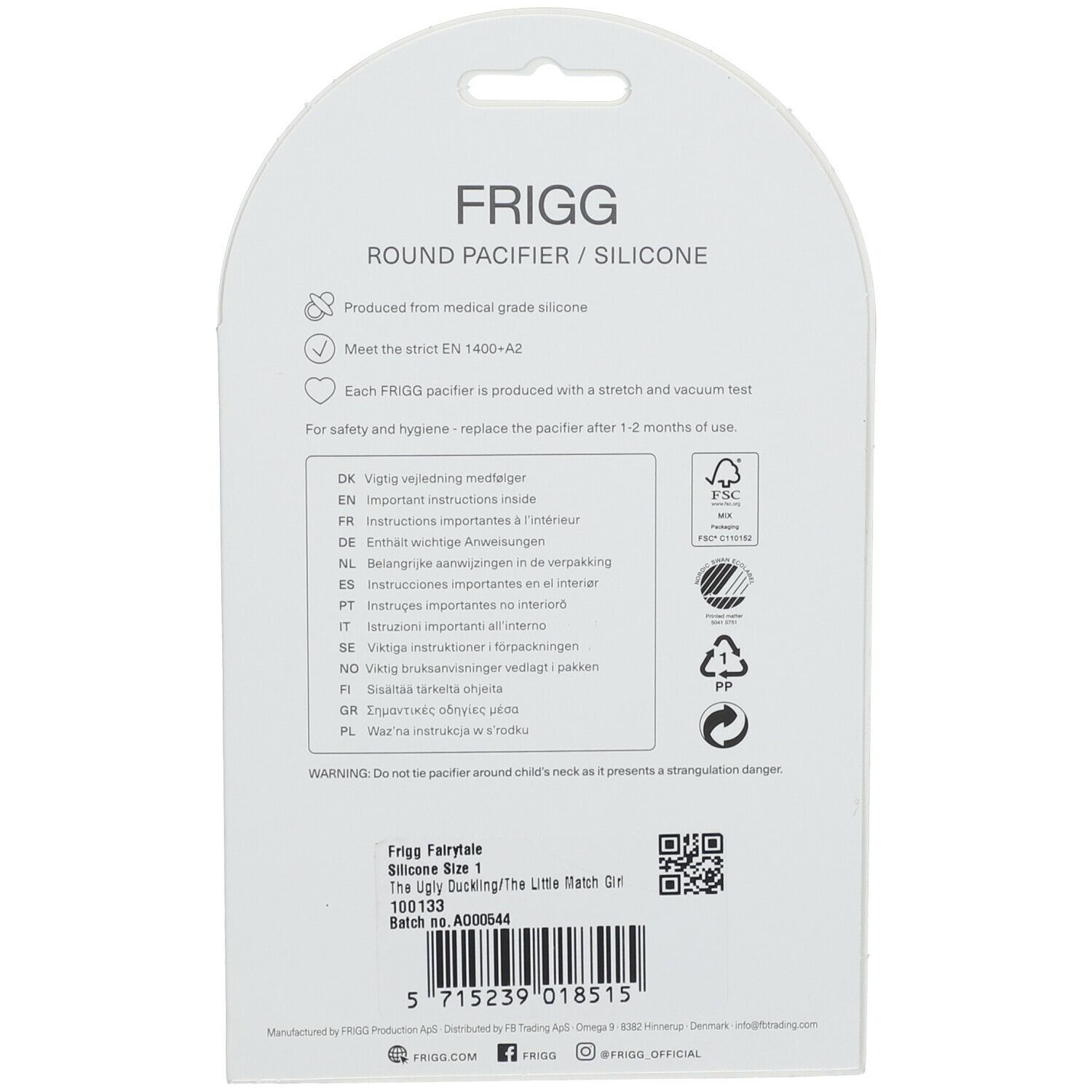Rückseite der Verpackung mit Produktinformationen. Marke FRIGG. Runde Form. Aus Silikon. Größe 1.