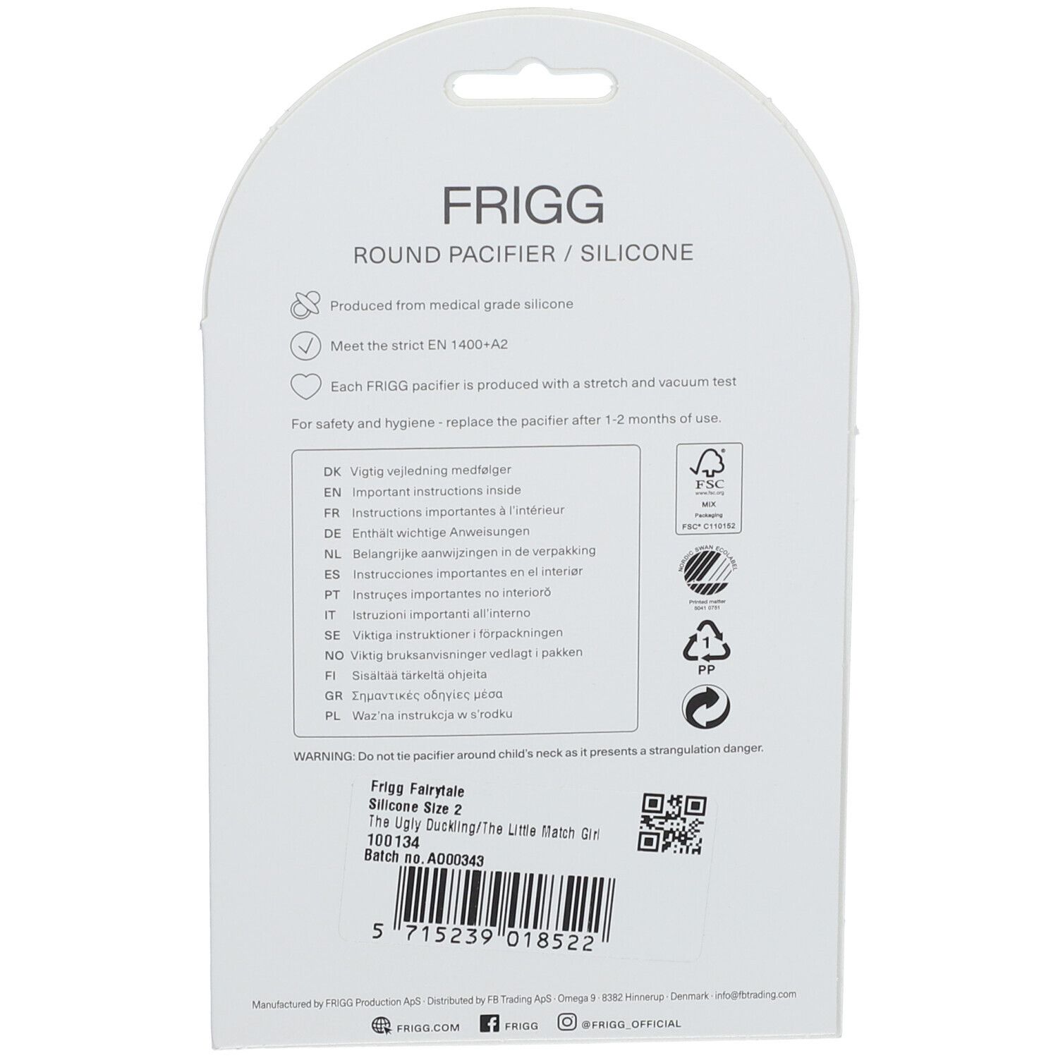 Rückseite der Verpackung mit Produktinformationen. Marke FRIGG. Runde Form. Aus medizinischem Silikon. Warnhinweis: Strangulationsgefahr.