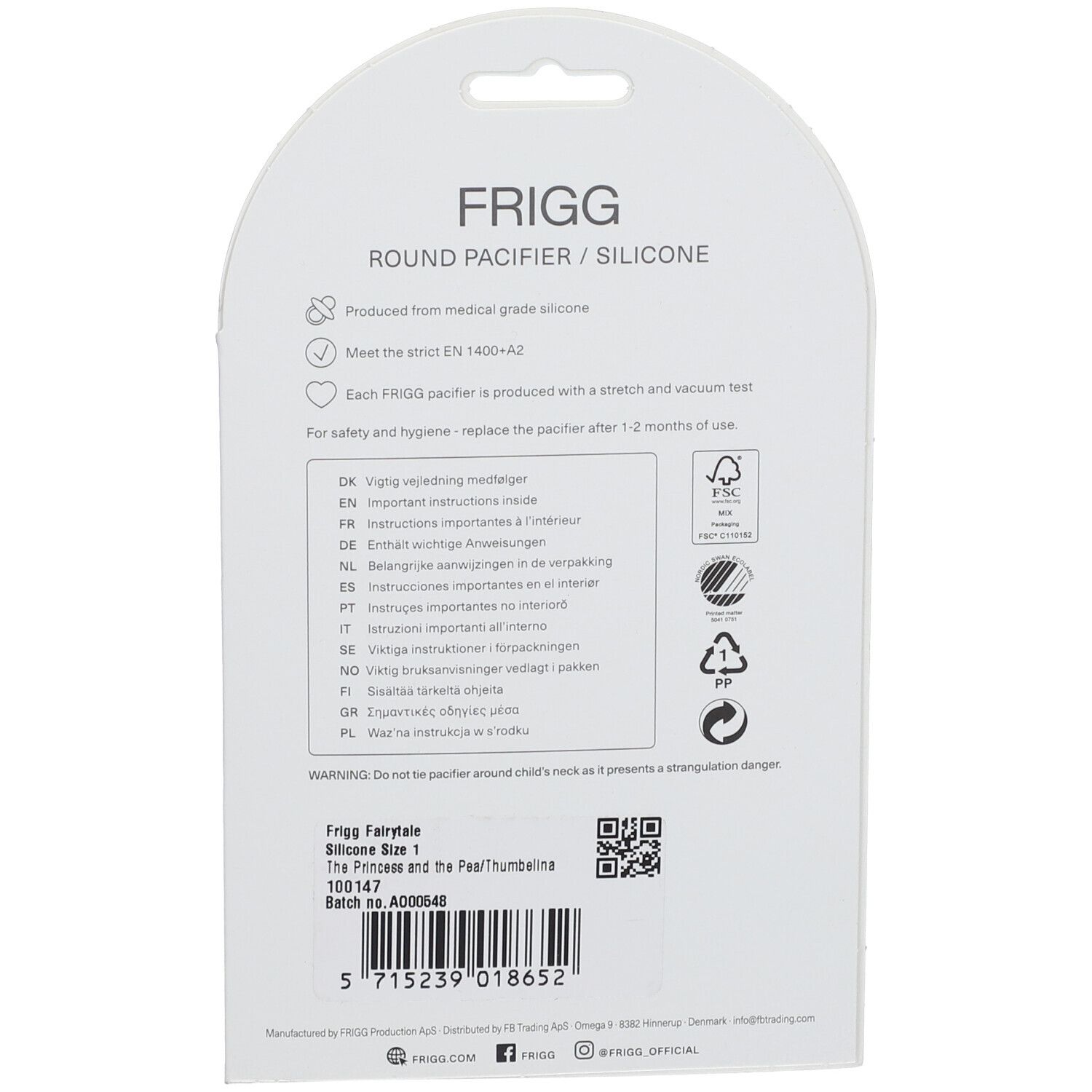 Rückseite der Verpackung mit Text. FRIGG, runde Schnuller aus Silikon. Informationen zur Verwendung und Sicherheit.