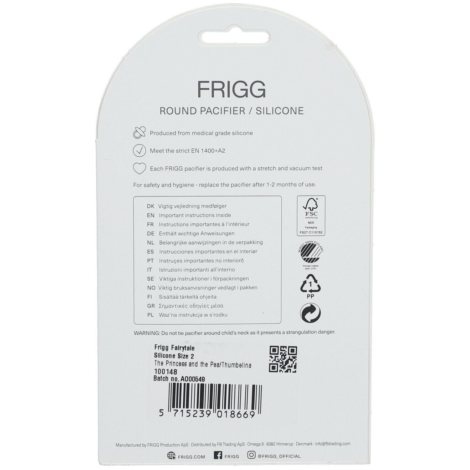 Dos de l'emballage. Texte avec informations sur les sucettes. Marque FRIGG. Taille 2, 6-18 mois. En silicone.