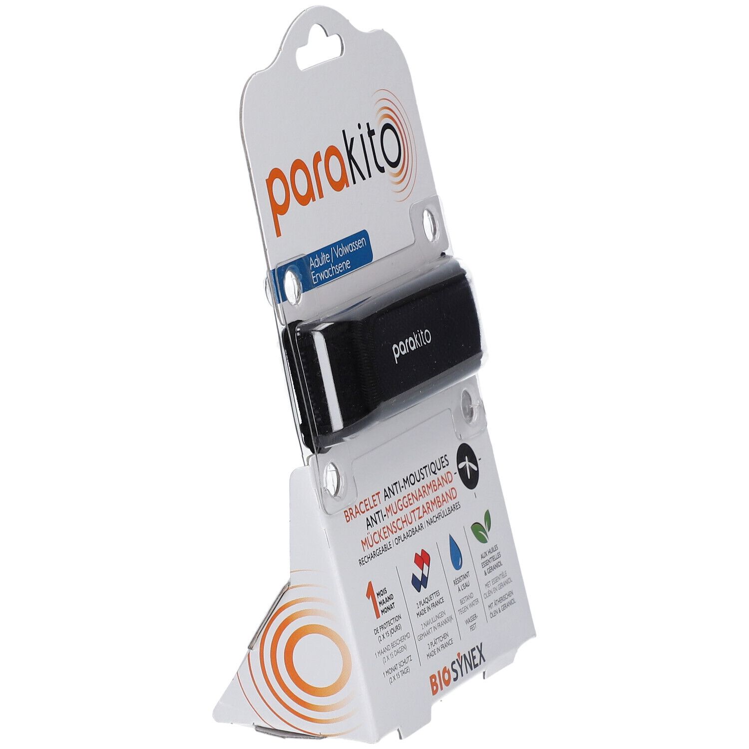 Bracelet ParaKito noir en emballage. Anti-moustiques, rechargeable. Pour adultes. Protection 1 mois.