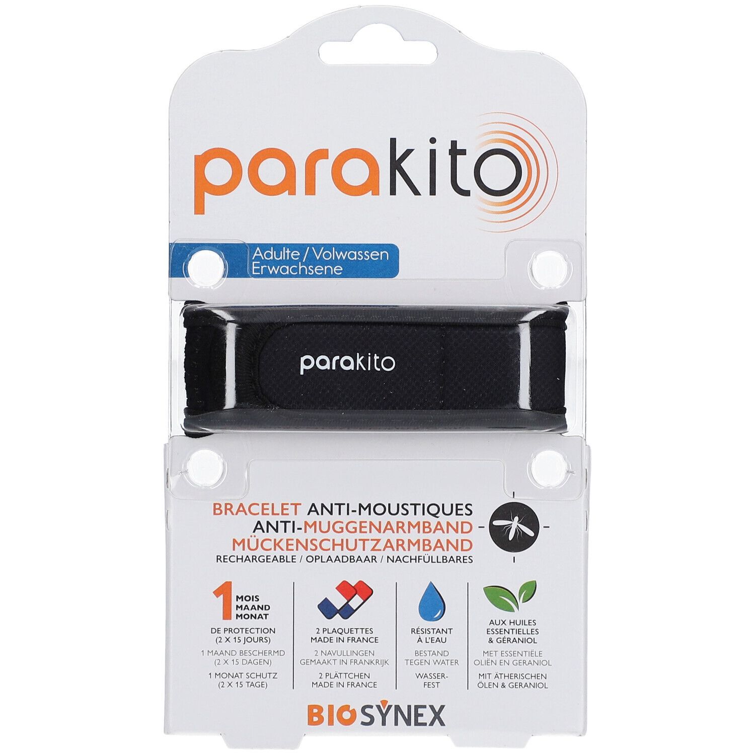 Bracelet ParaKito noir en emballage. Anti-moustiques, rechargeable. Pour adultes. Protection 1 mois.