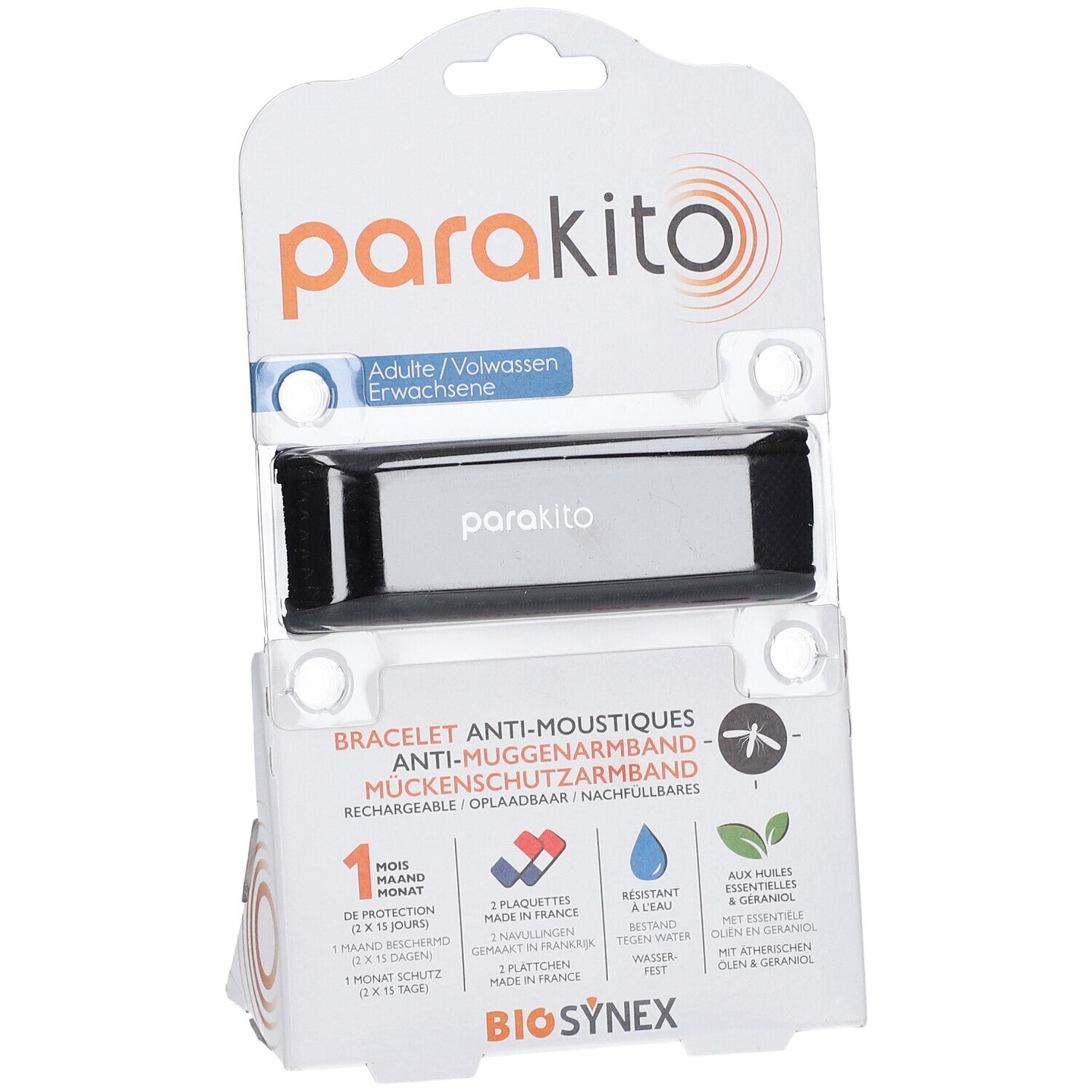 Bracelet ParaKito en emballage. Anti-moustiques, rechargeable. Pour adultes. Bracelet noir.