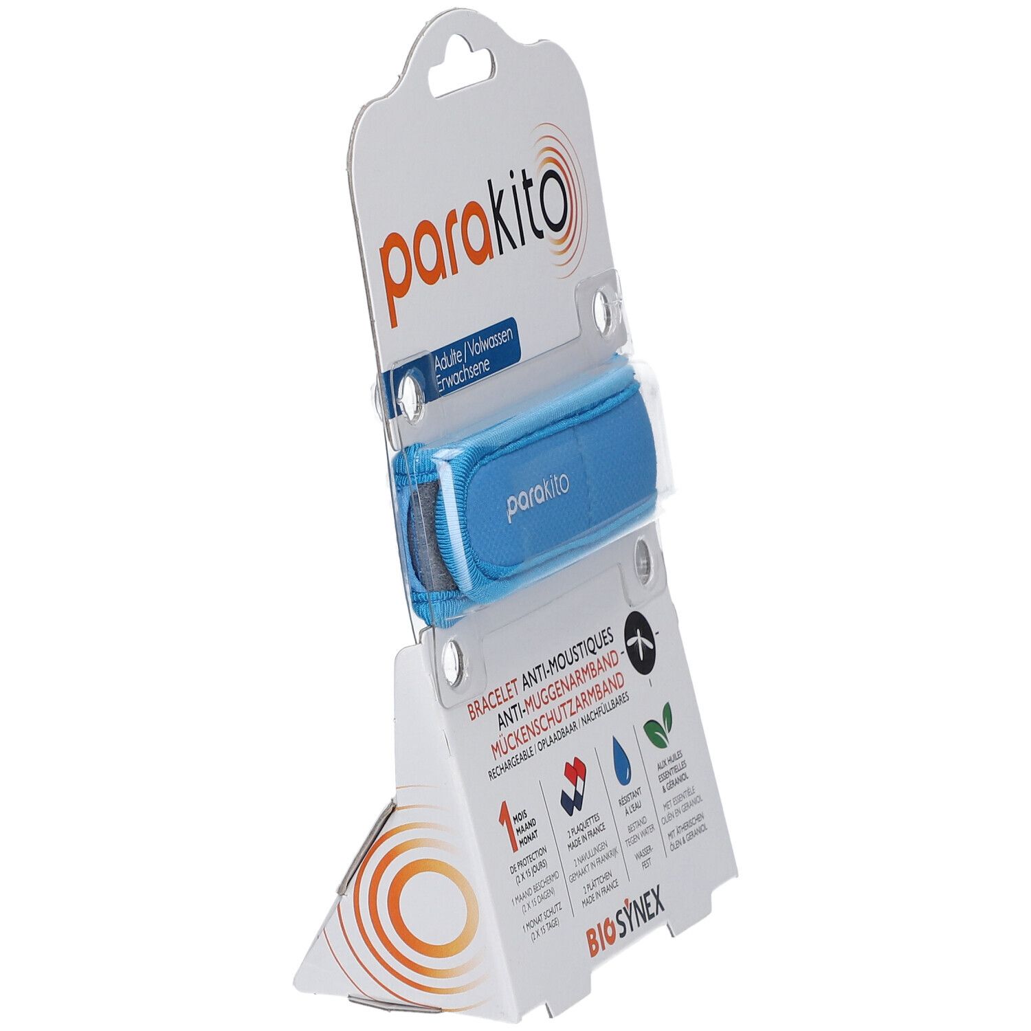 ParaKito-armband in blisterverpakking. Blauwe armband zichtbaar. Tekst: Anti-muggenarmband. Verpakking schuin. Logo's: waterbestendig, essentiële oliën.