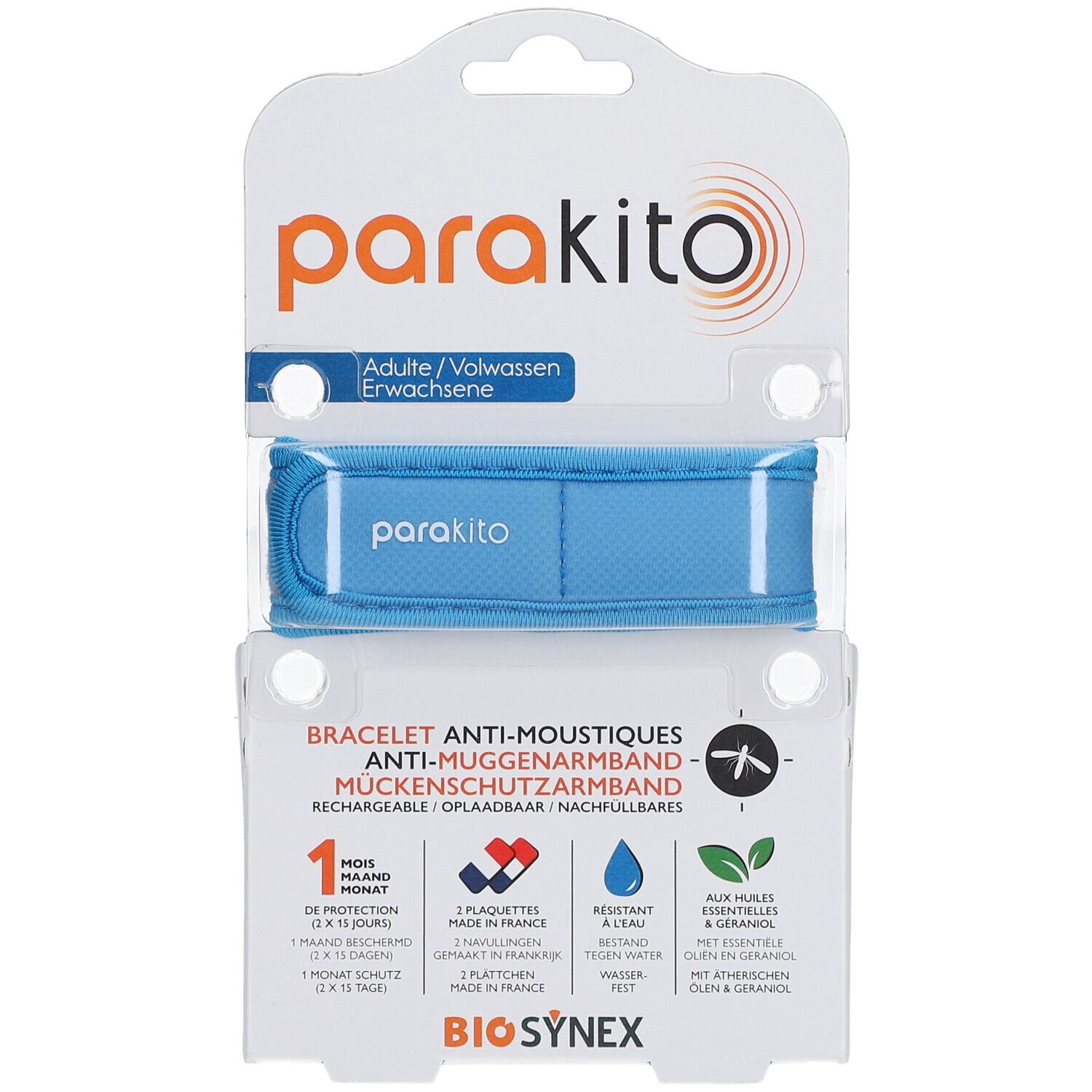 ParaKito-armband in blisterverpakking. Blauwe armband zichtbaar. Tekst: Anti-muggenarmband, volwassenen. Logo's: 1 maand bescherming, waterbestendig, essentiële oliën.