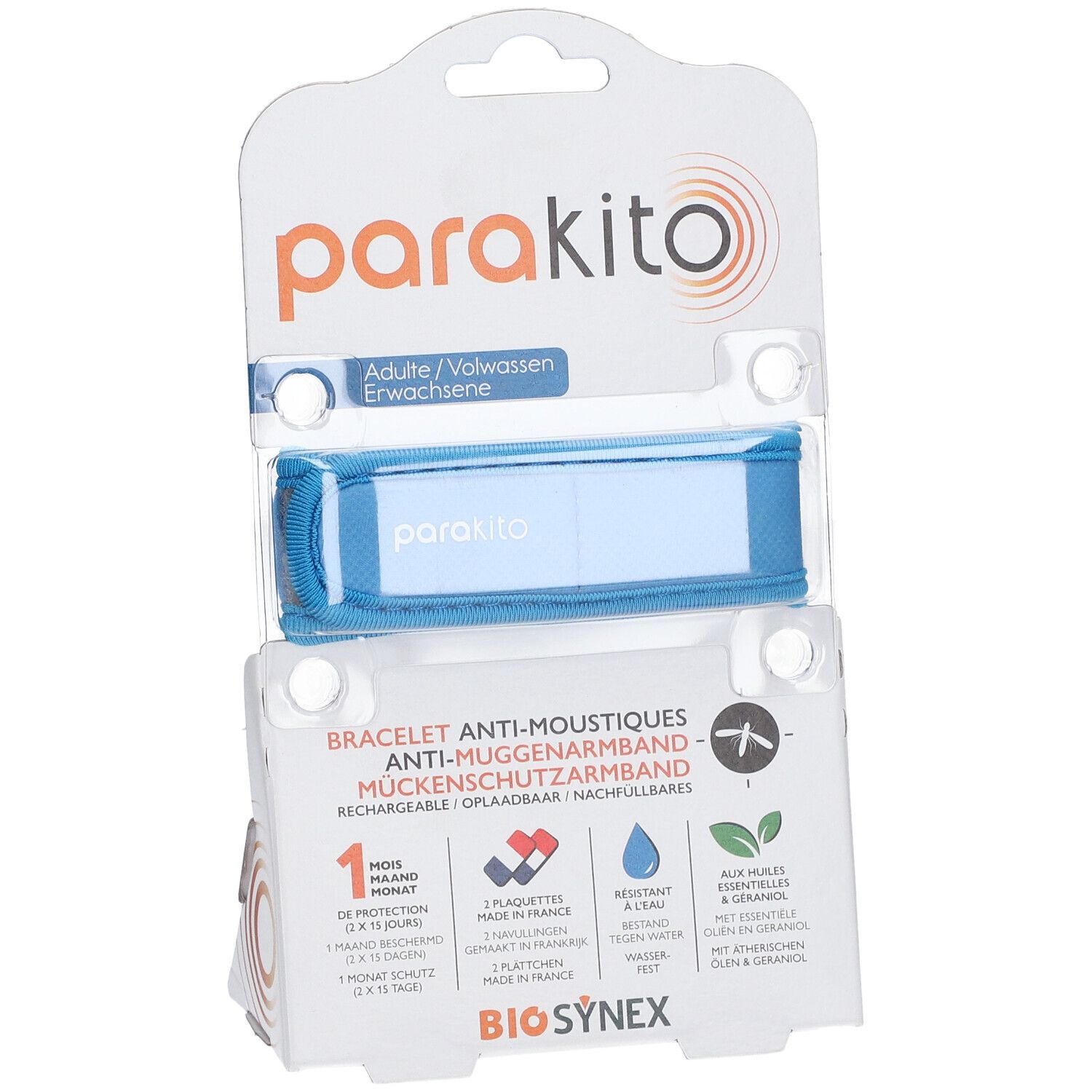 ParaKito-armband in blisterverpakking. Blauwe armband zichtbaar. Tekst: Anti-muggenarmband, volwassenen. Logo's: 1 maand bescherming, waterbestendig, essentiële oliën.
