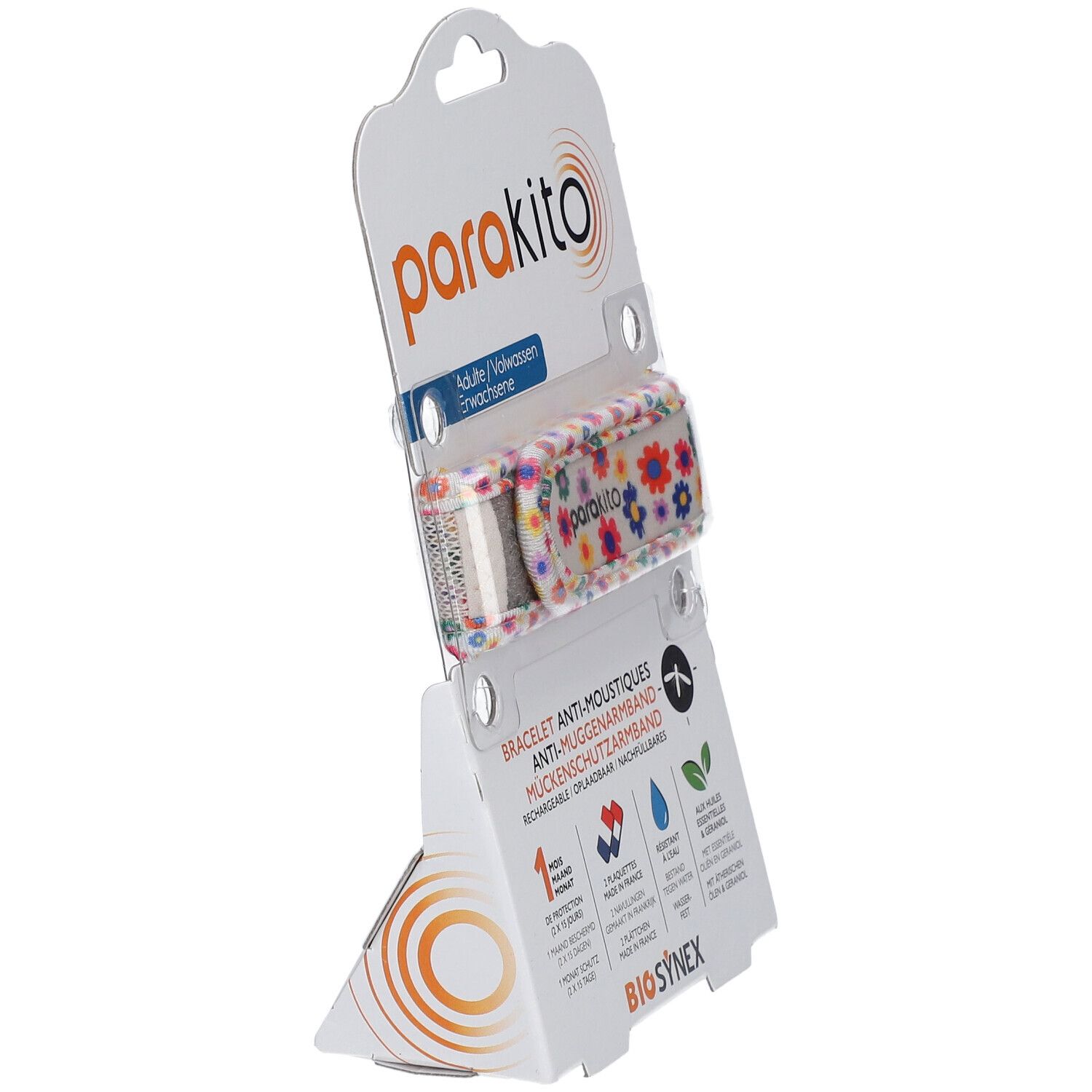 Bracelet ParaKito anti-moustiques, motif floral, dans son emballage. Informations produit et logo BioSynex visibles.