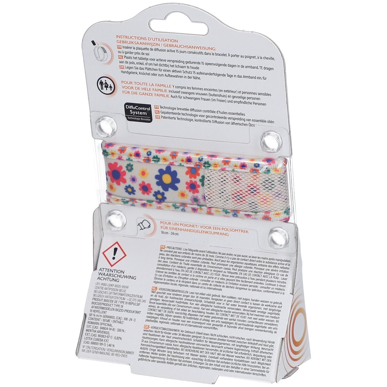 Dos de l'emballage ParaKito. Bracelet floral visible. Texte: instructions d'utilisation, informations sur l'application.