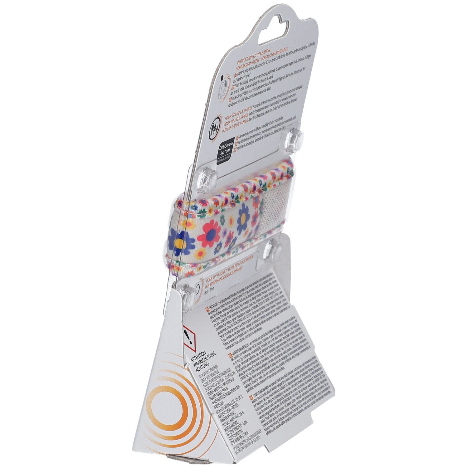 Bracelet ParaKito dans son emballage. Motif floral visible. Texte: instructions d'utilisation, informations sur l'application.
