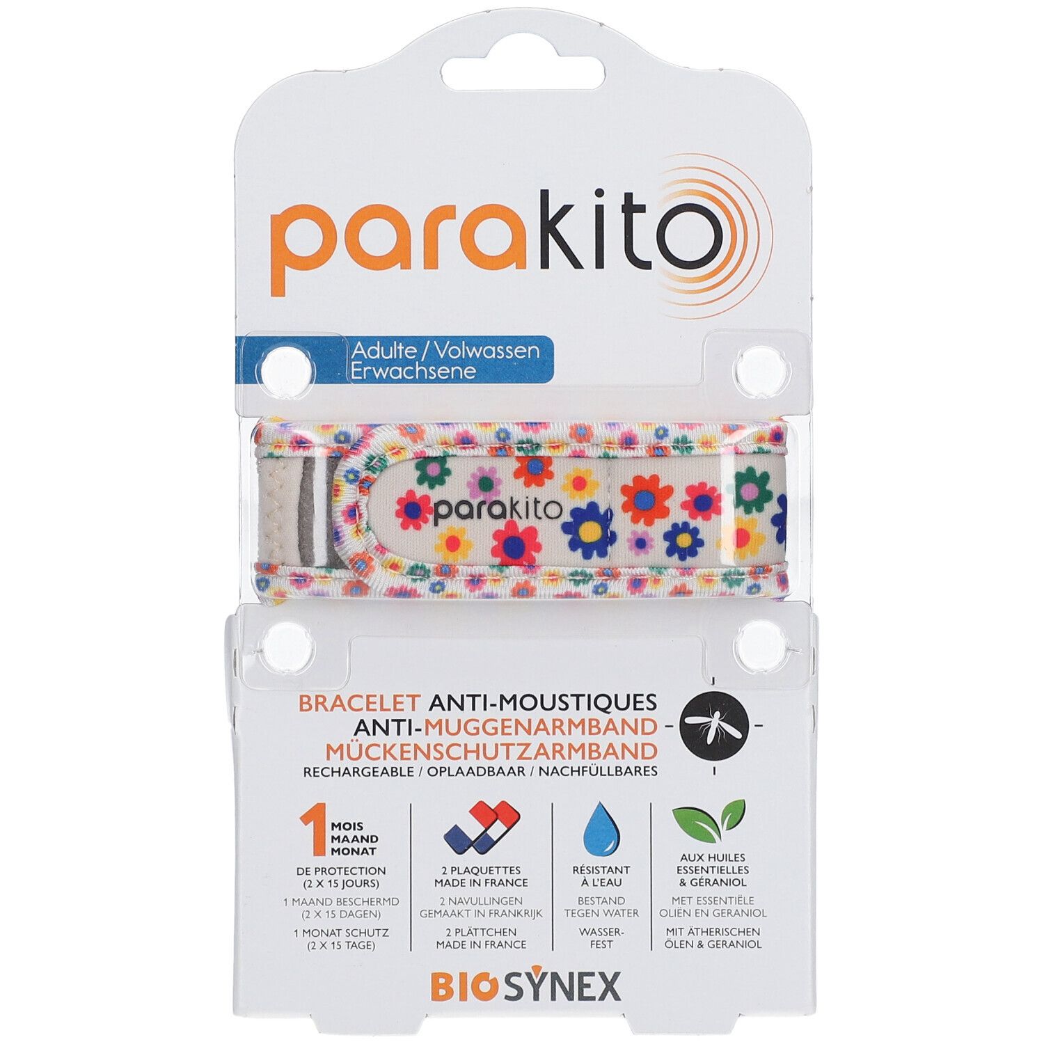 Bracelet ParaKito anti-moustiques pour adultes, motif floral, dans son emballage. Informations produit et logo BioSynex.
