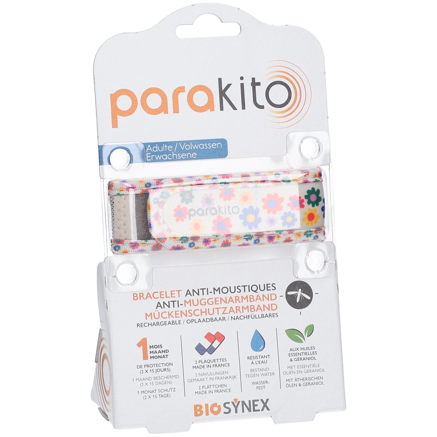 Bracelet ParaKito anti-moustiques, motif floral, dans son emballage. Informations produit et logo BioSynex.