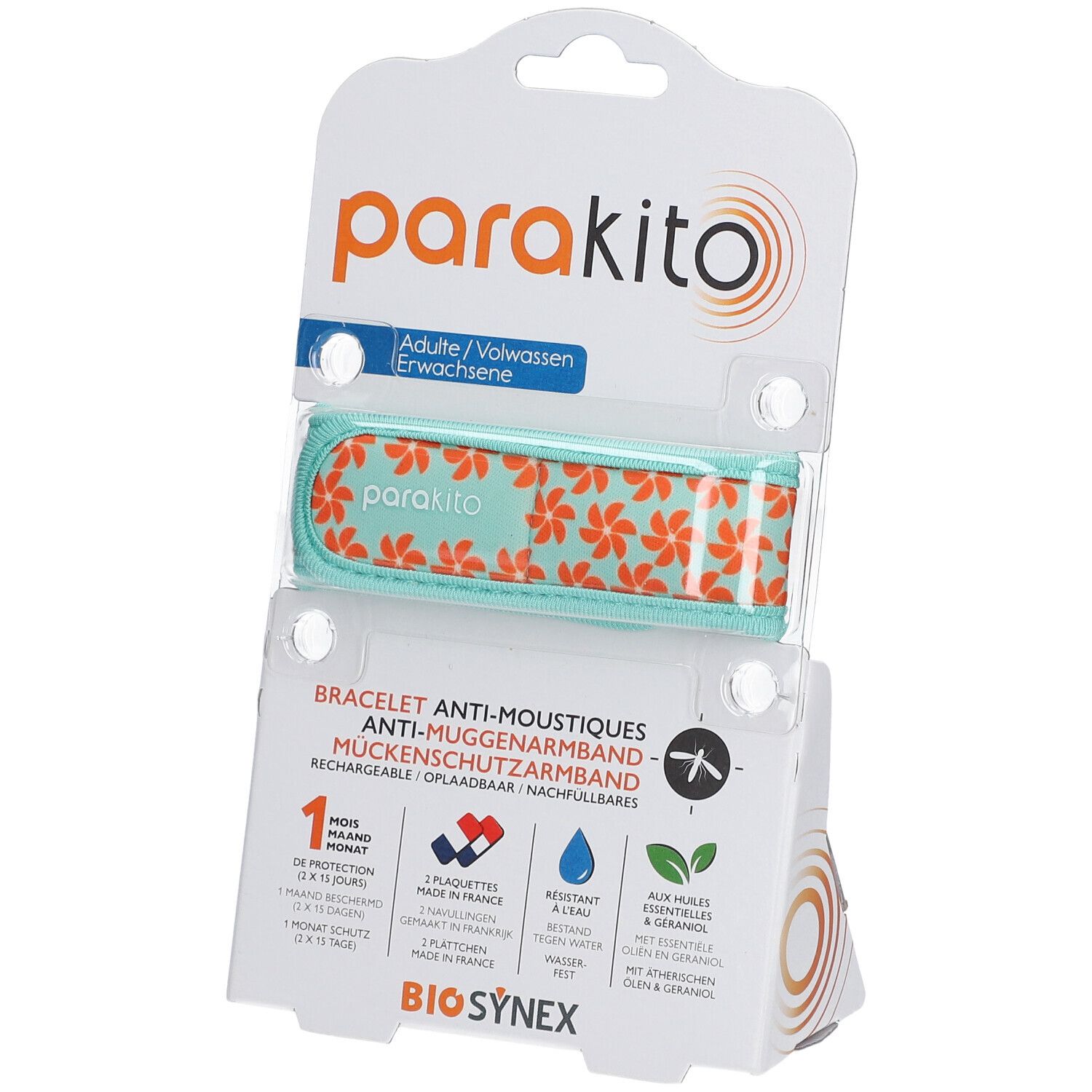 Bracelet anti-moustiques ParaKito pour adultes, emballé. Motif floral, texte.