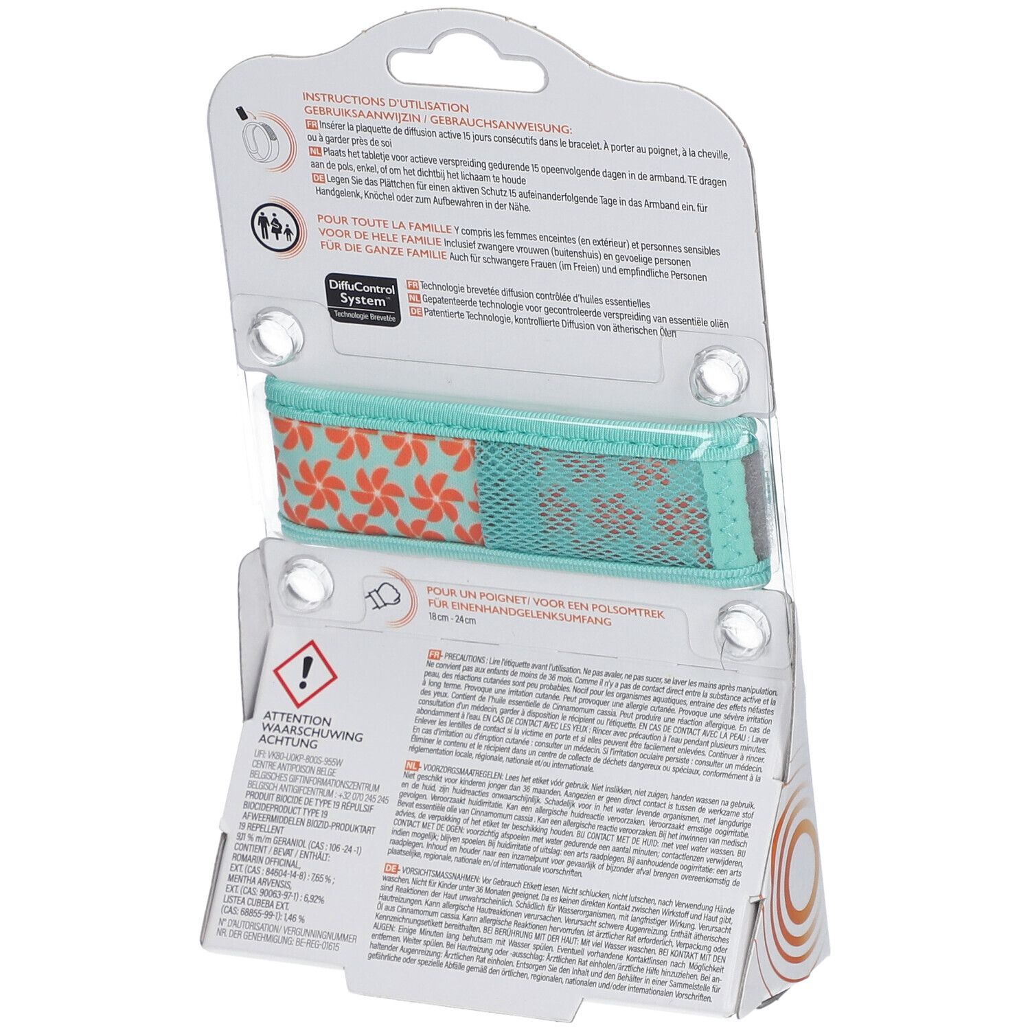 Dos de l'emballage. Instructions, avertissements, texte. Bracelet visible.