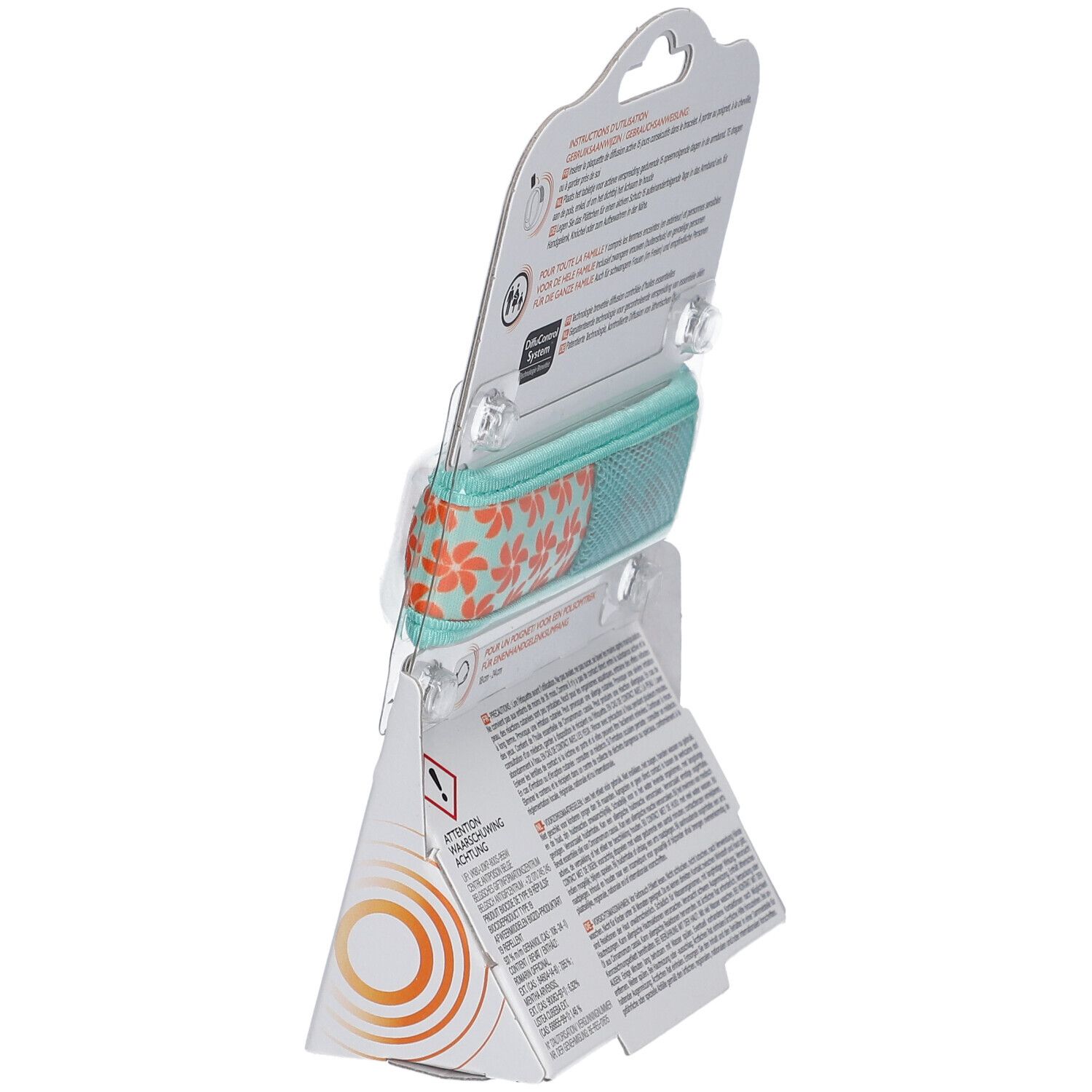 Dos de l'emballage avec texte et avertissements. Bracelet partiellement visible.