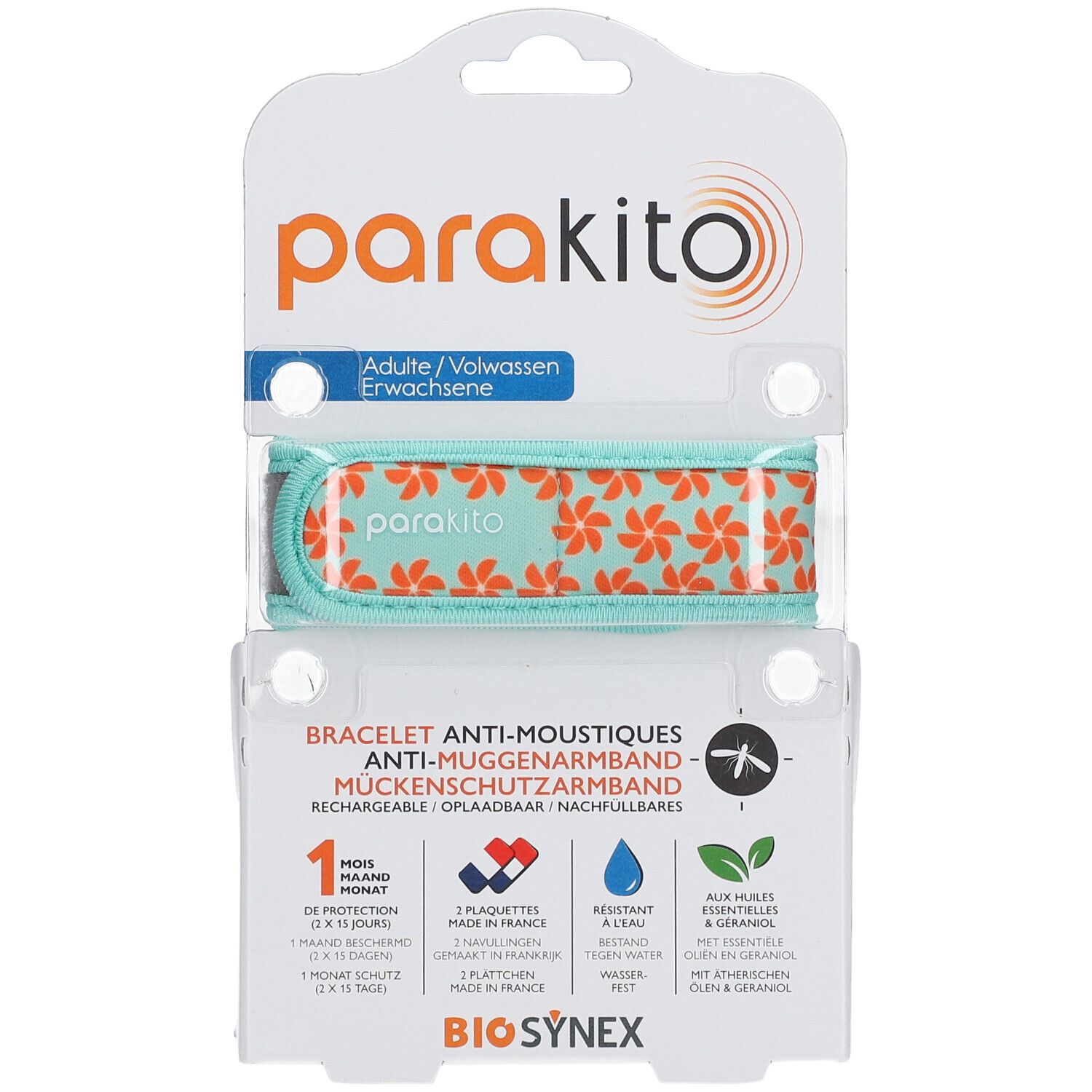 Bracelet anti-moustiques ParaKito en emballage. Vert menthe à motif floral. Texte.