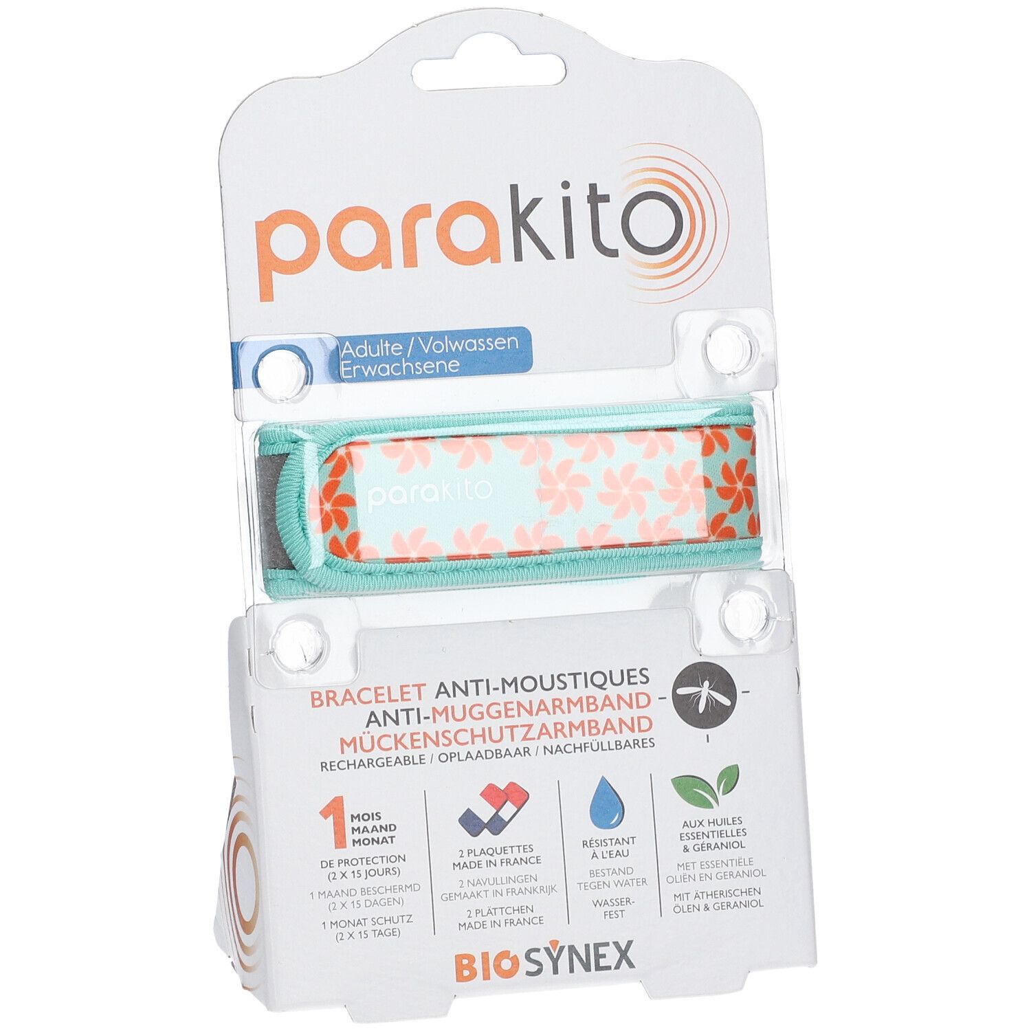 Bracelet anti-moustiques ParaKito en emballage. Vert menthe à motif floral. Texte.