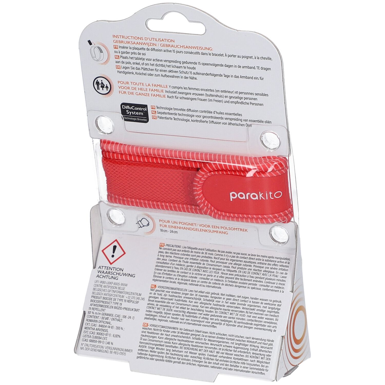 Dos de l'emballage ParaKito. Instructions, avertissements et informations sur le produit.