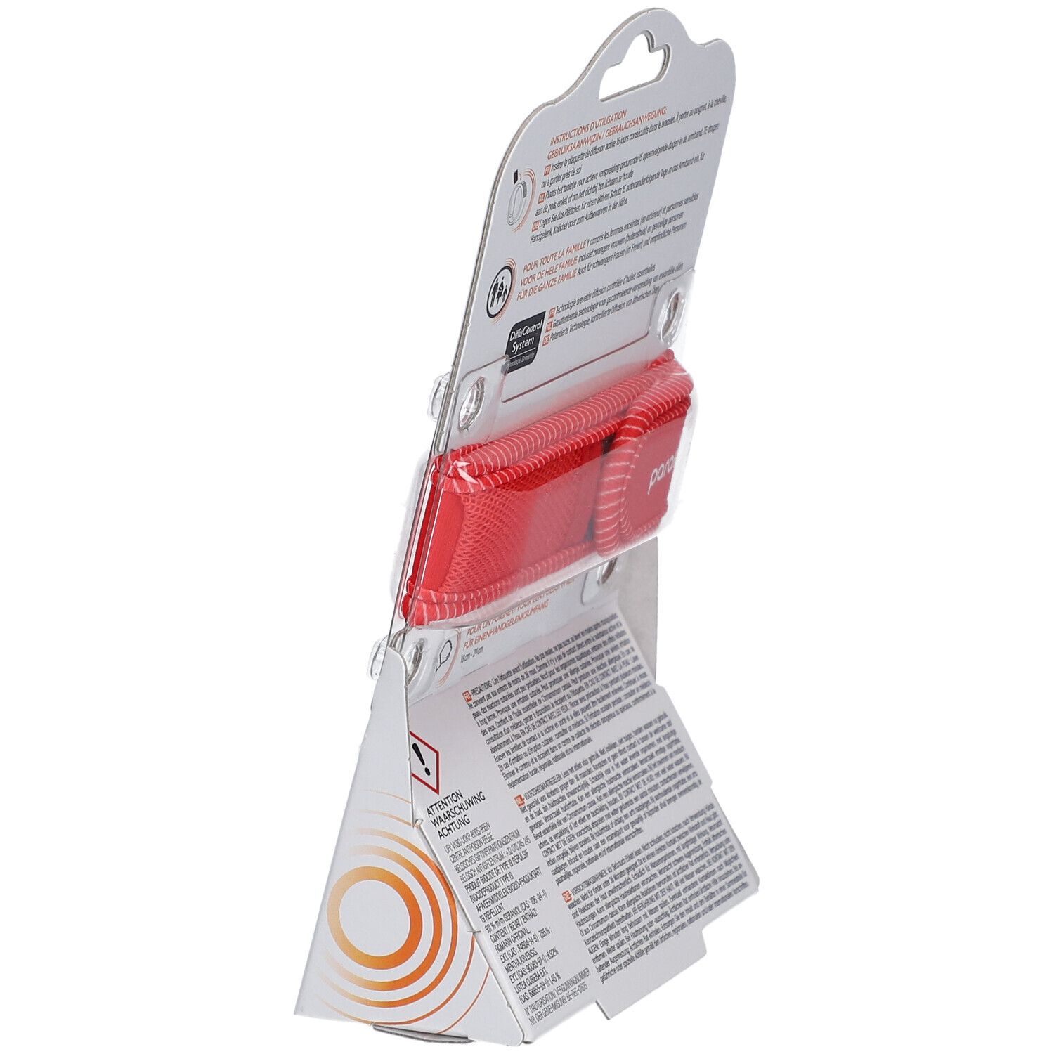 Bracelet ParaKito rouge dans son emballage. Vue arrière avec avertissements et informations.