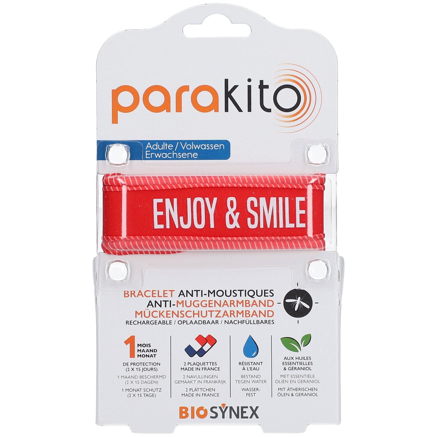Bracelet ParaKito rouge dans son emballage. Inscription Enjoy & Smile. Informations produit sur l'emballage.