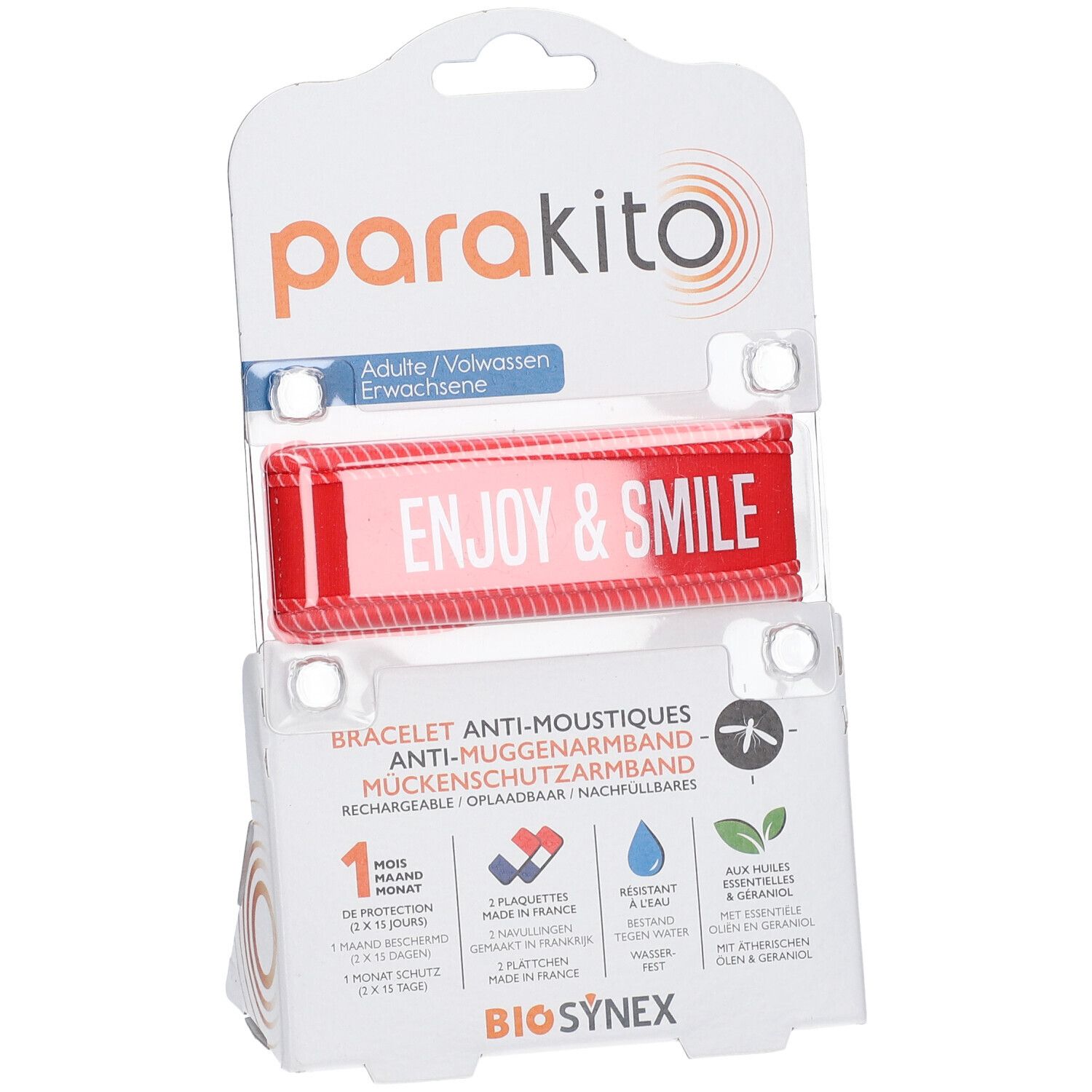 Bracelet ParaKito rouge dans son emballage. Inscription Enjoy & Smile. Informations produit sur l'emballage.