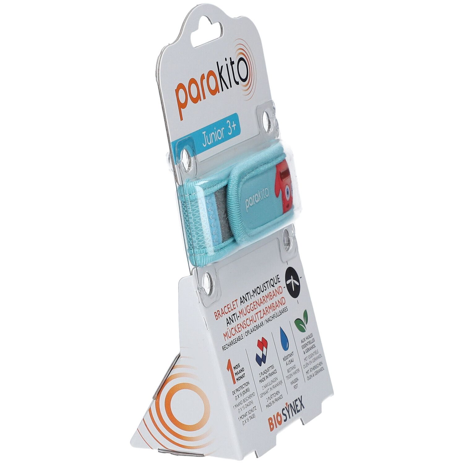 ParaKito Junior 3+ armband in verpakking. Blauwe armband met monsterdesign. Productinformatie.