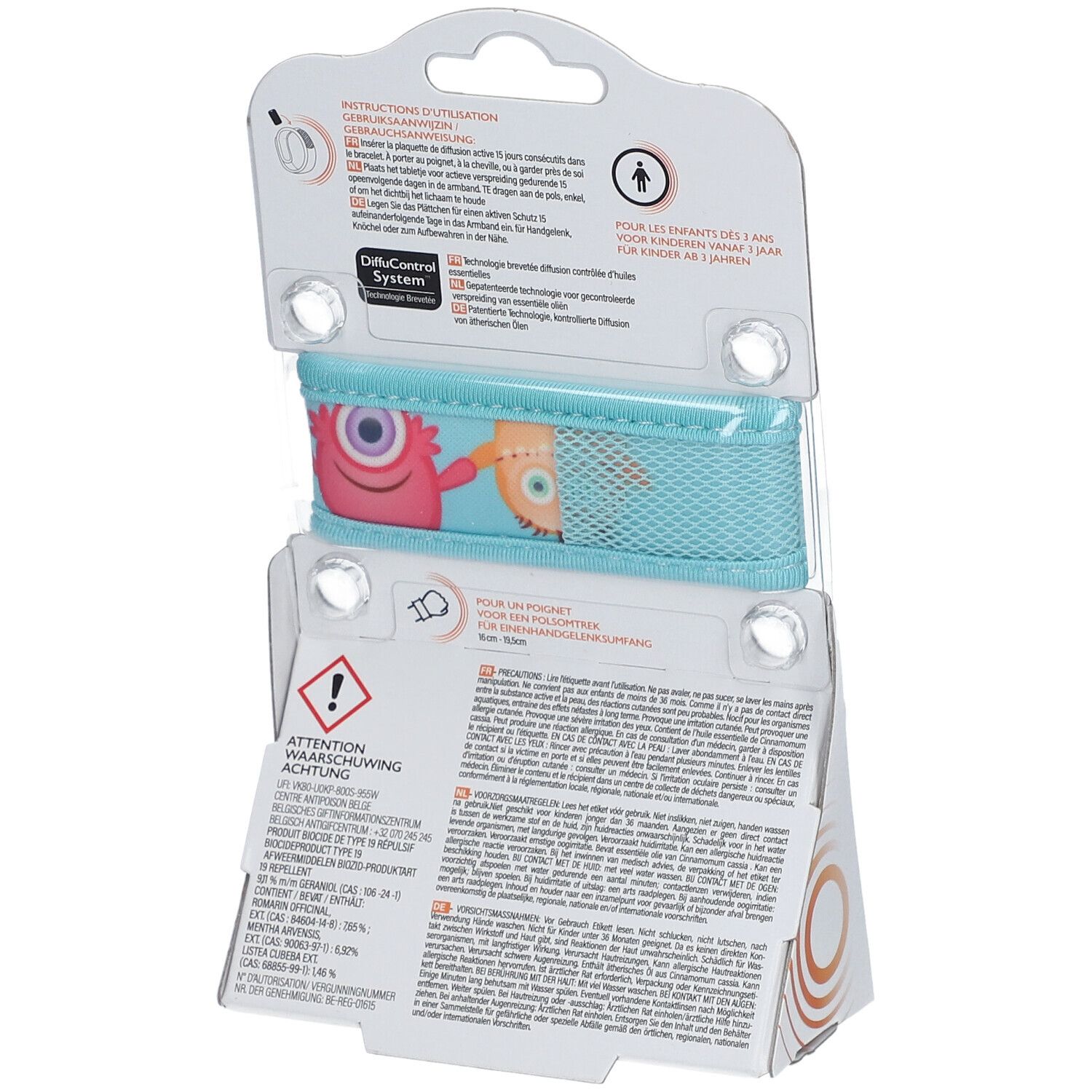 Achterkant van de ParaKito Junior 3+ verpakking. Blauwe armband met monsterdesign. Productinfo.