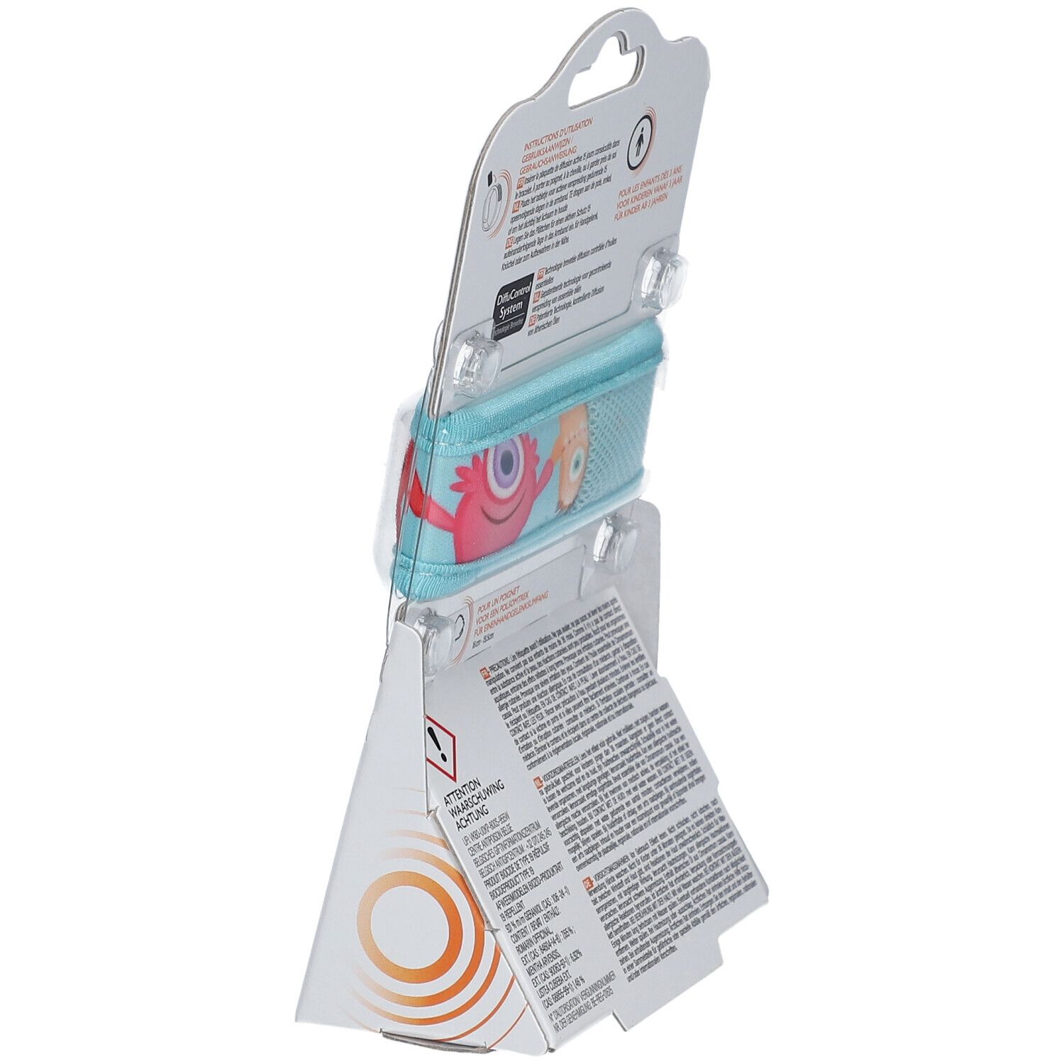 Achterkant van de ParaKito Junior 3+ verpakking. Blauwe armband met monsterdesign. Productinfo.
