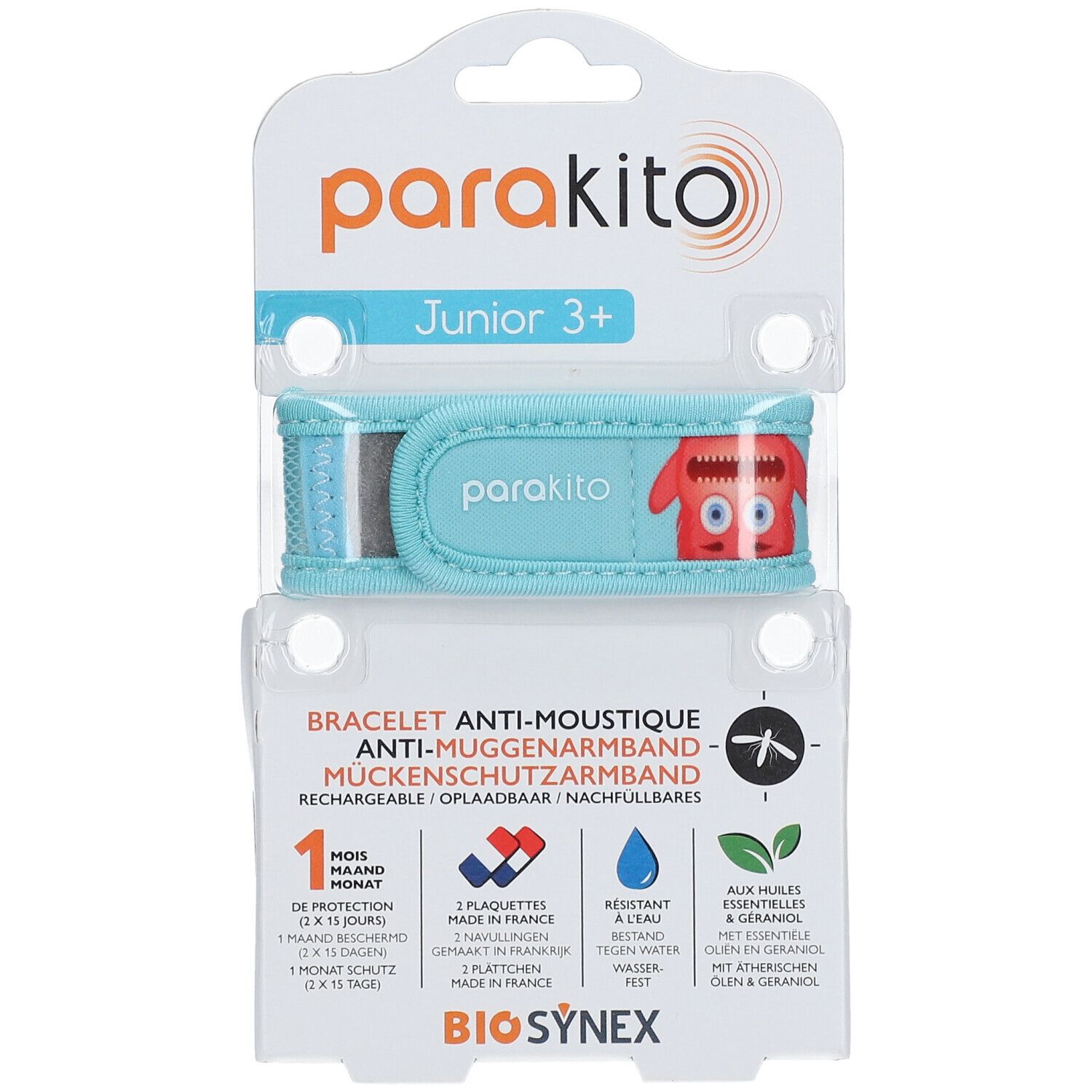 ParaKito Junior 3+ anti-muggenarmband, blauw, monsterdesign. Verpakking met productinfo.